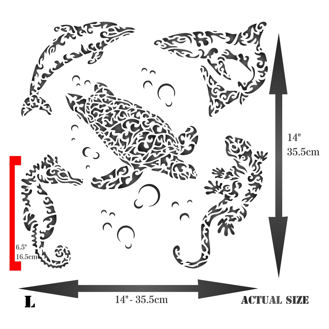 Sea Creatures Stencil - Tribal Fish Lizard Gekko Dolphin Shark Seahorse Turtle