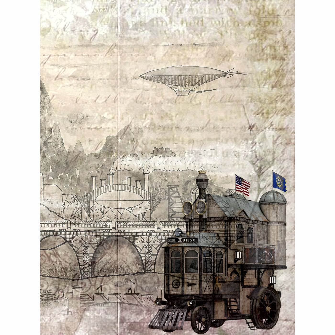 Light Steampunk Rice Paper- 6 x Different Printed Mulberry Paper Images 30gsm