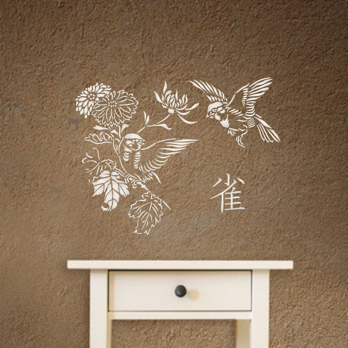 Squabbling Sparrows Stencil- Asian Oriental Flowers Birds Animal