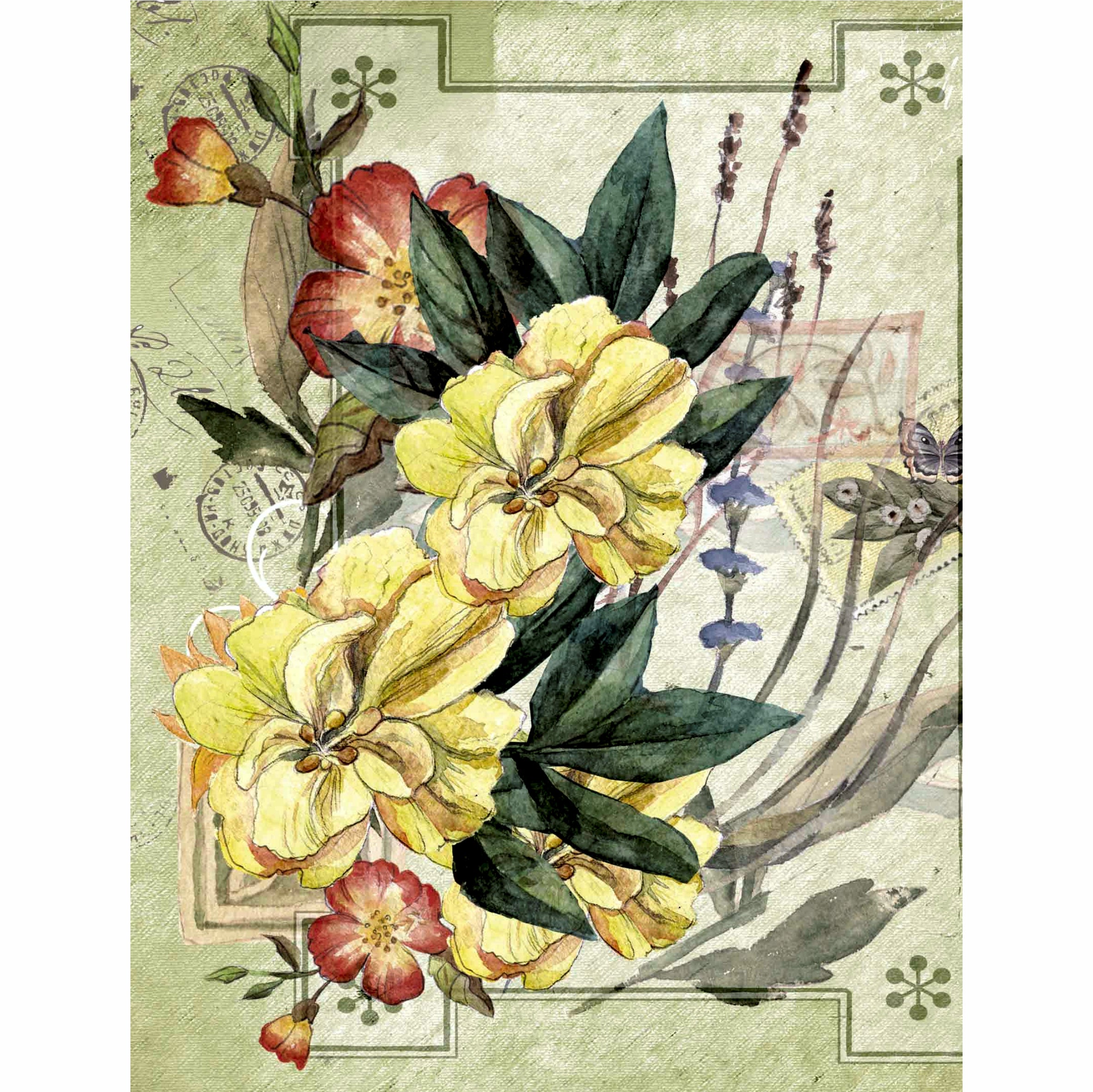 Floral Postcard Rice Paper- 6 x Different Printed Mulberry Paper Images 30gsm