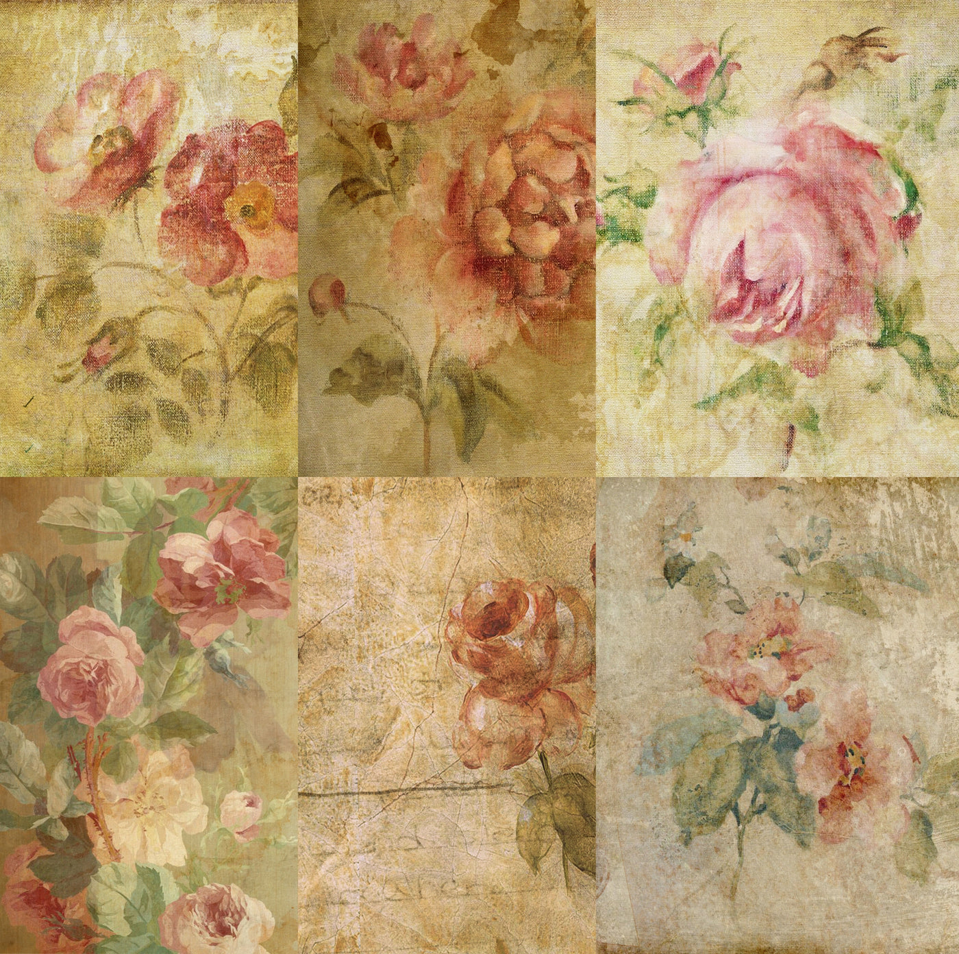 Victorian Floral Rice Paper- 6 Unique Printed Mulberry Paper Images 30gsm