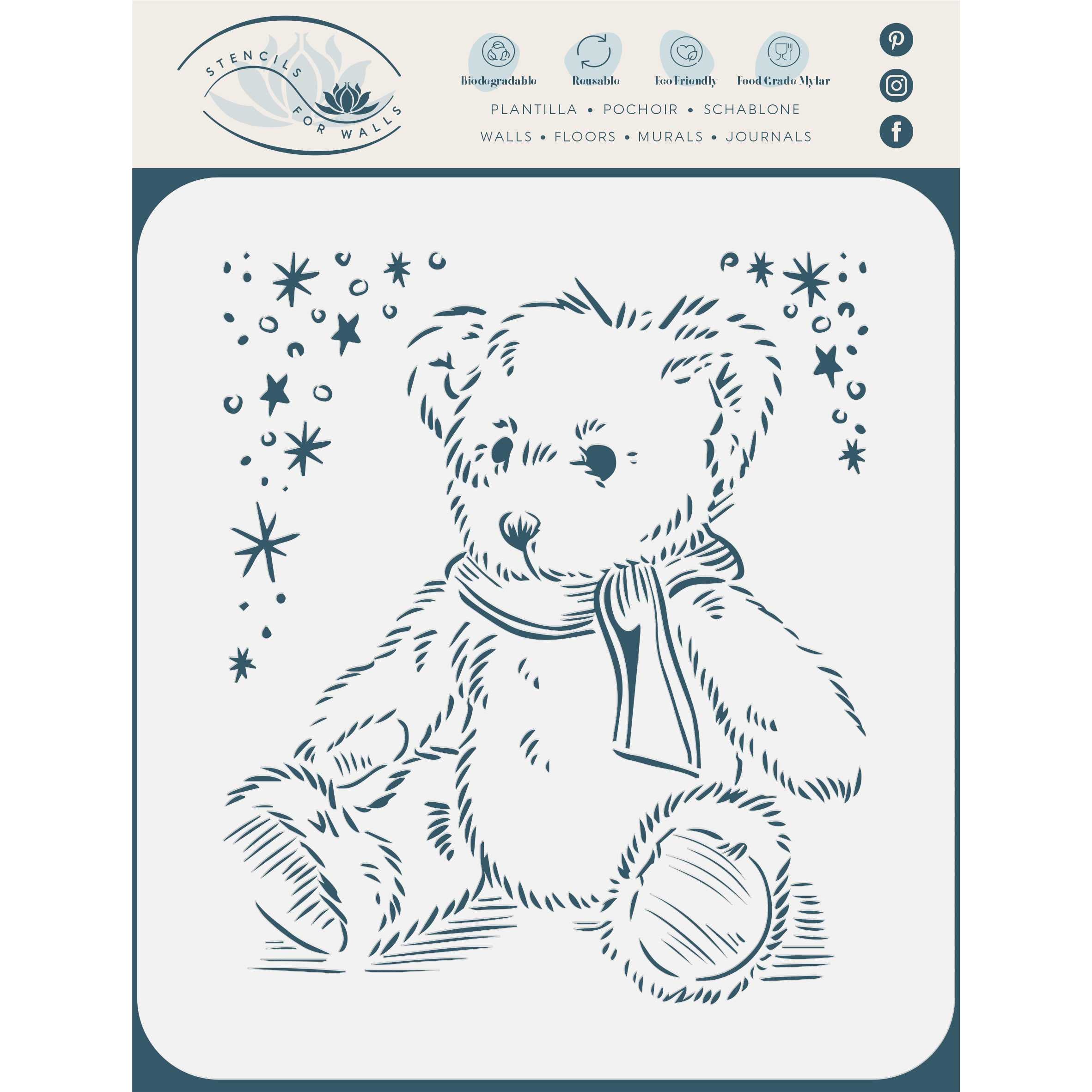 Teddy Bear Stencil - Fluffy Tatty Scruffy Teddy Scarf Stars Kids Childs