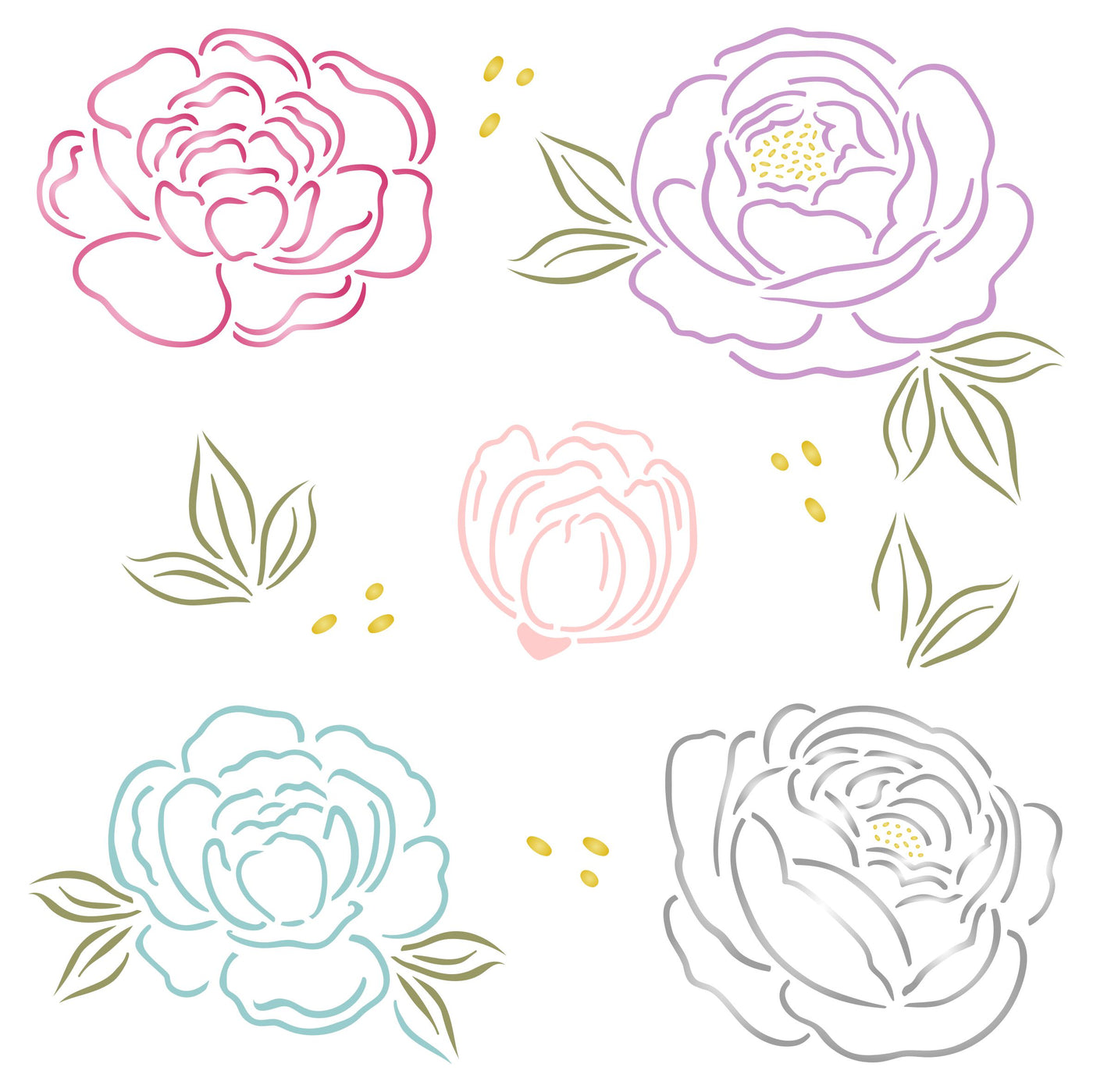 Peony Collection Stencil - Flower Floral Peonies Set