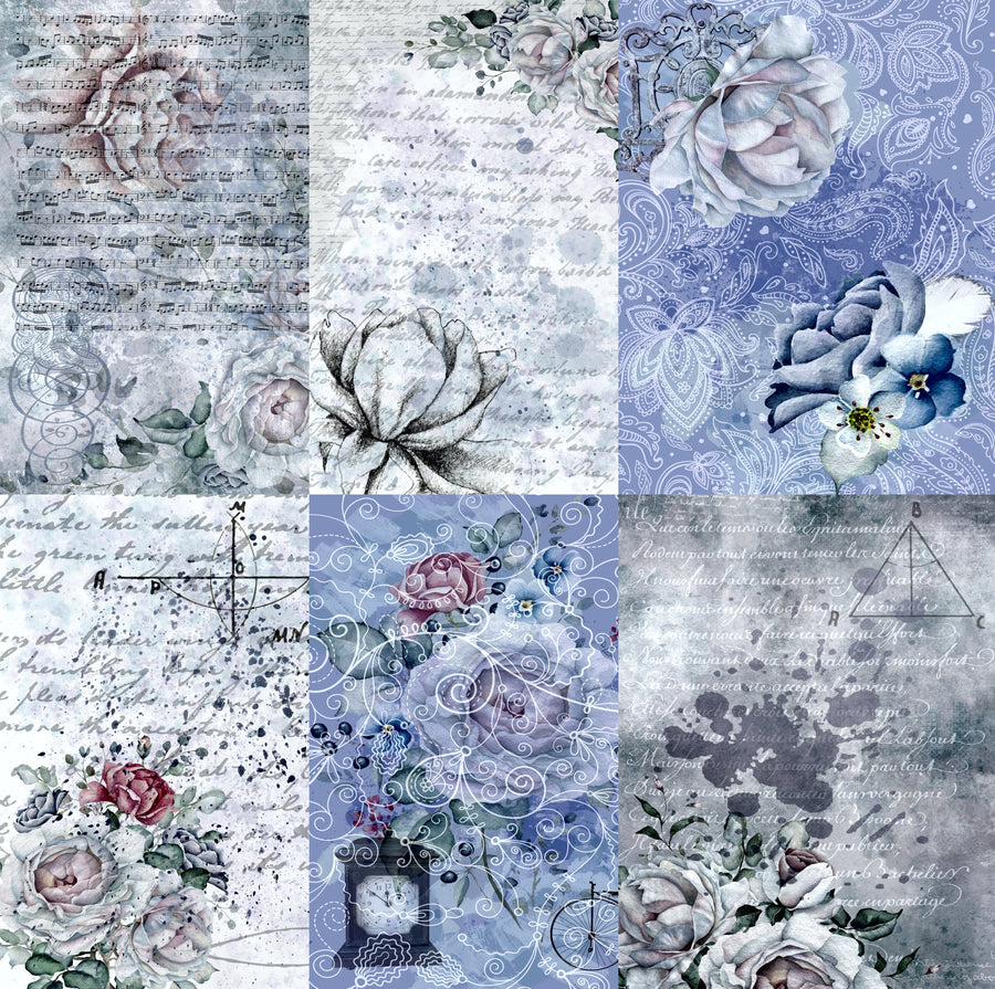 Blue Background Rice Paper- 6 x Different Printed Mulberry Paper Images 30gsm