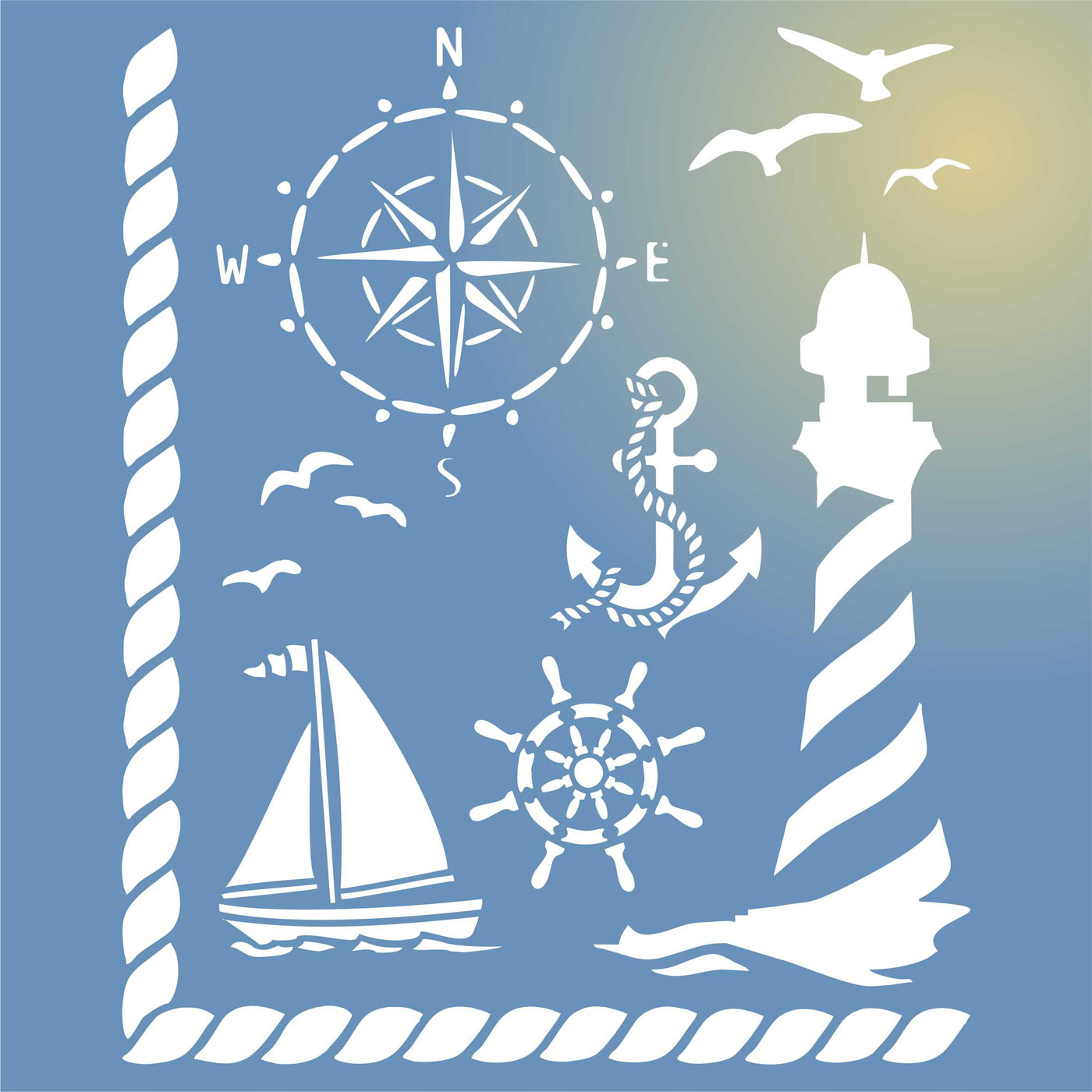 Nautical Stencil - Ocean Birds Lighthouse Compass Ships Wheel Boat Anchor