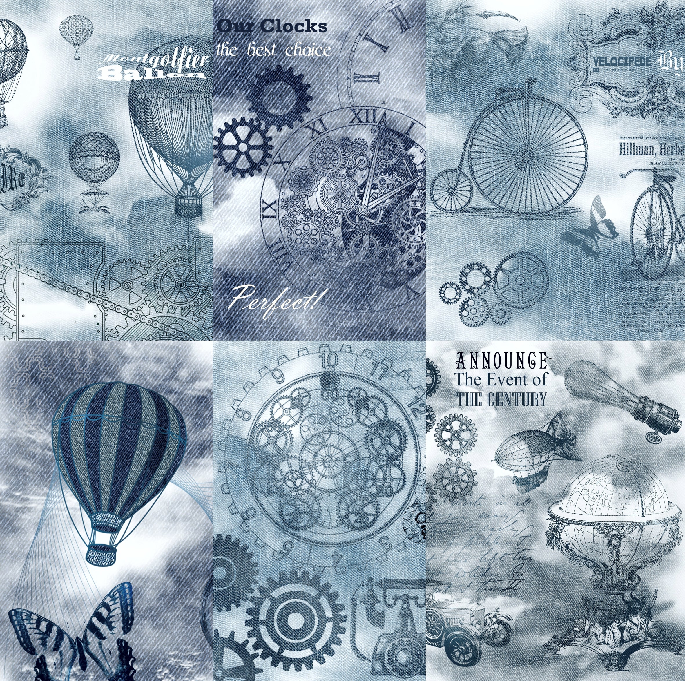 Denim Steampunk Rice Paper- 6 x Different Printed Mulberry Paper Images 30gsm