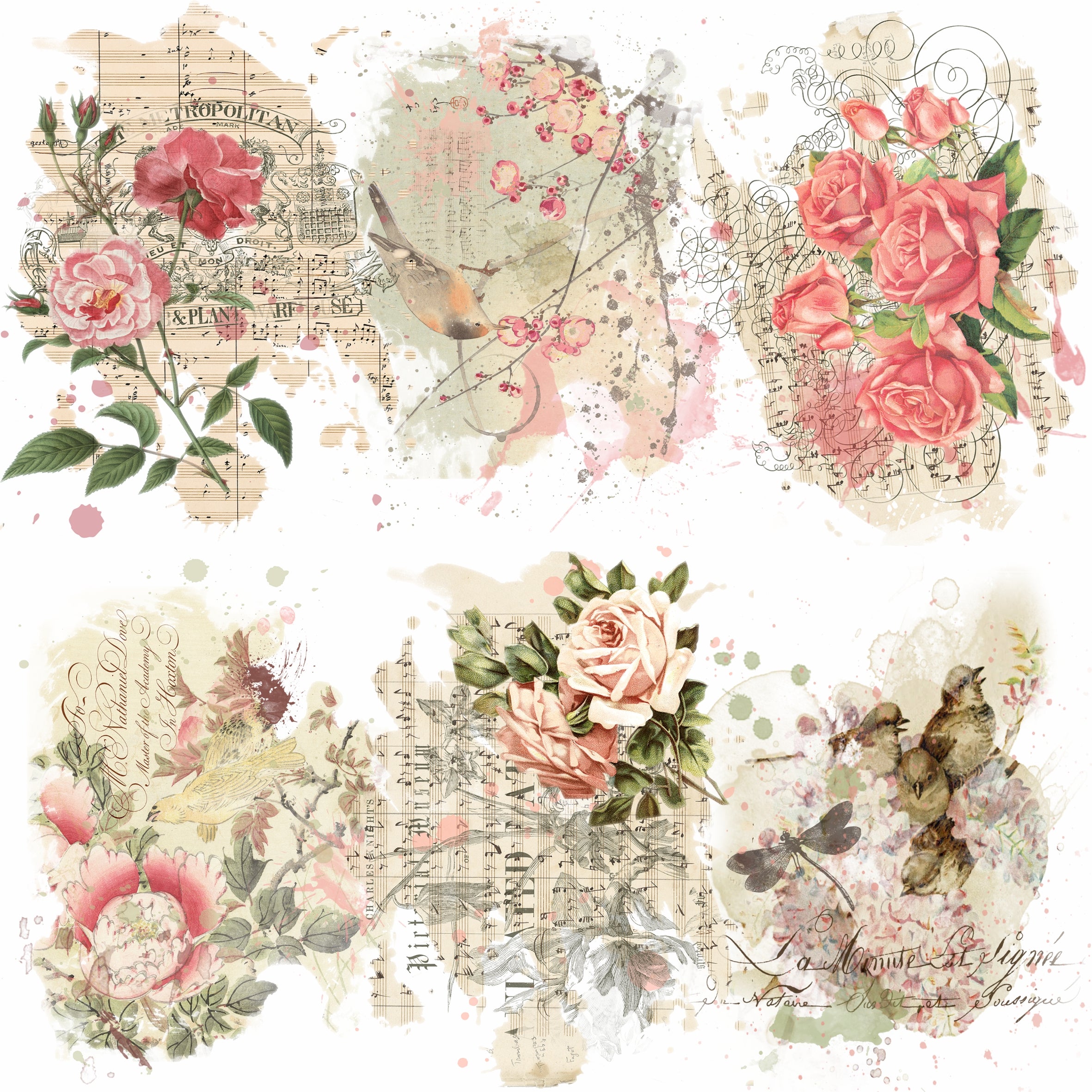 Roses Birds Overlay Rice Paper- 6 x Printed Mulberry Paper Images 30gsm