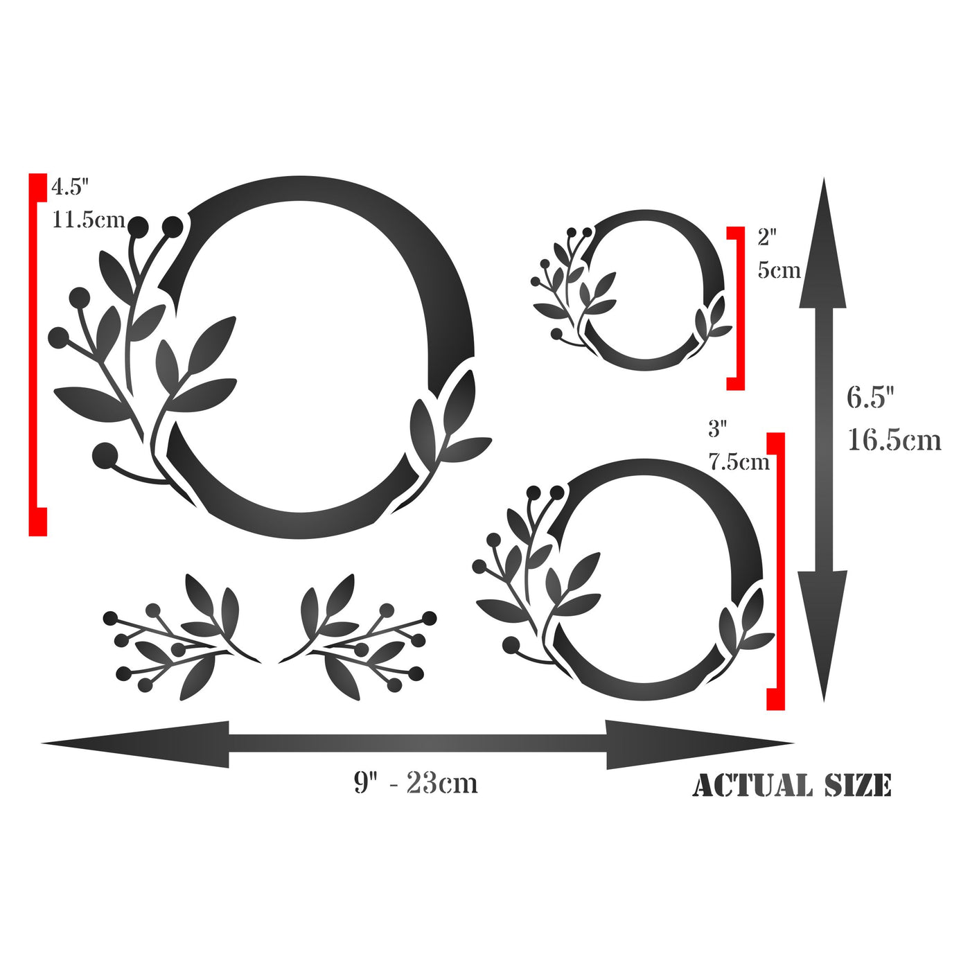 Flower Monogram O Stencil- Leaf Flower Initial 3 Sizes on One Sheet