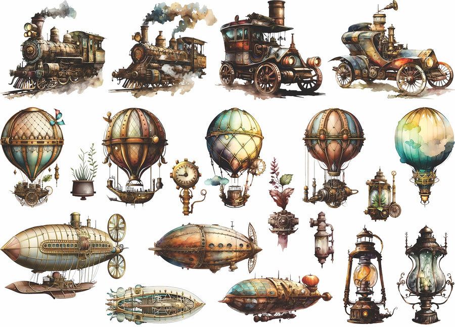 Steampunk Transport Rice Paper- 20 Unique Steampunk Images Printed on 36gsm