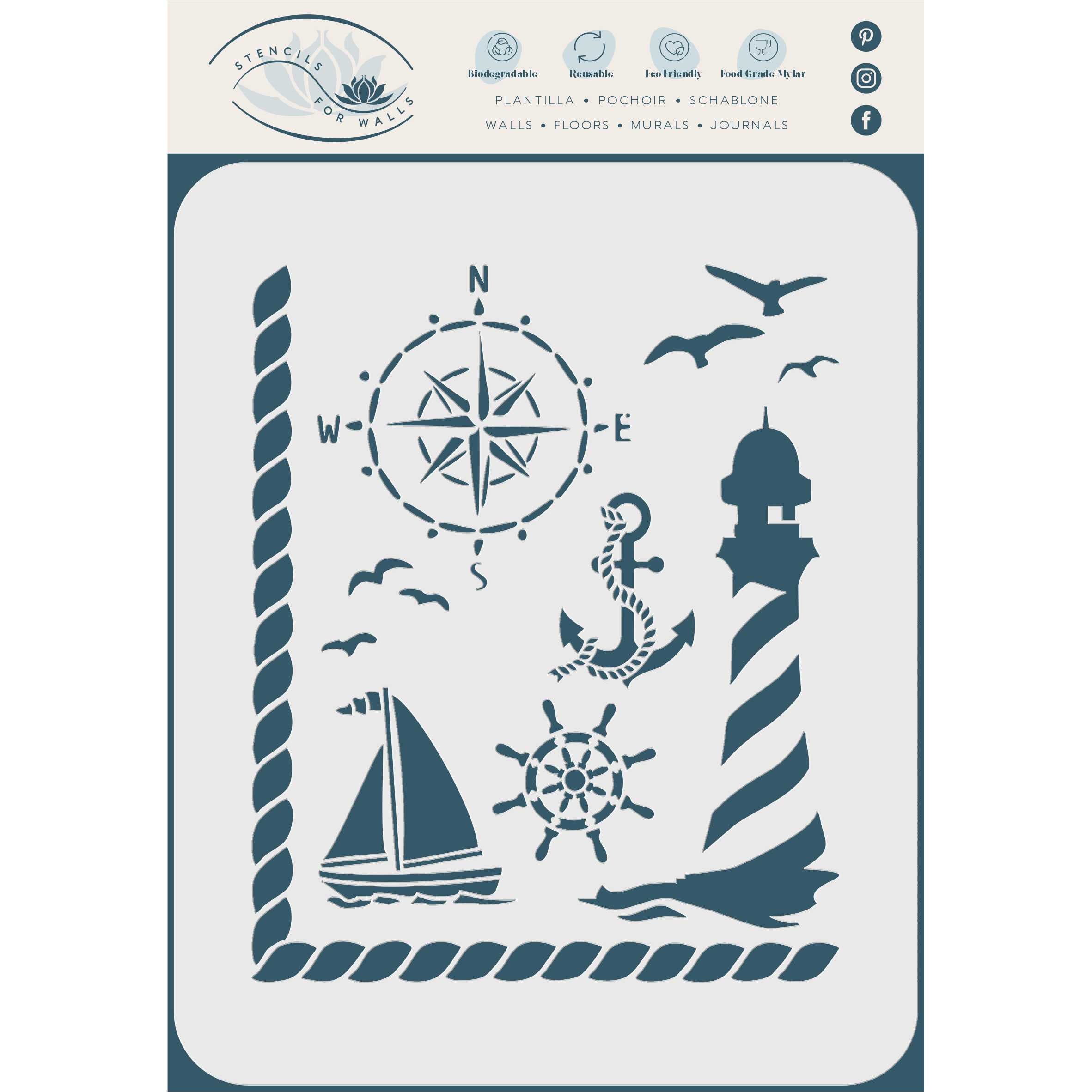 Nautical Stencil - Ocean Birds Lighthouse Compass Ships Wheel Boat Anchor