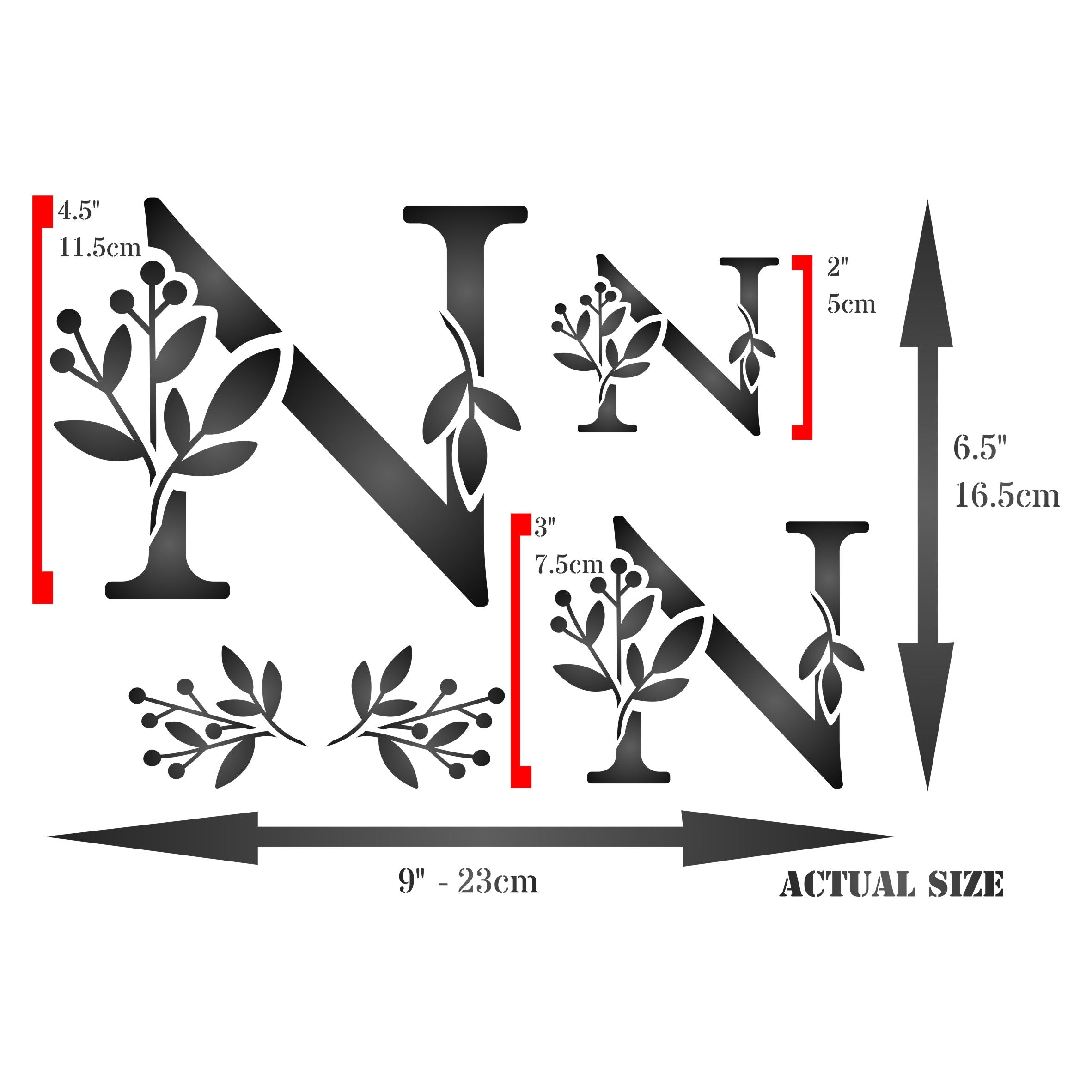 Flower Monogram N Stencil- Leaf Flower Initial 3 Sizes on One Sheet