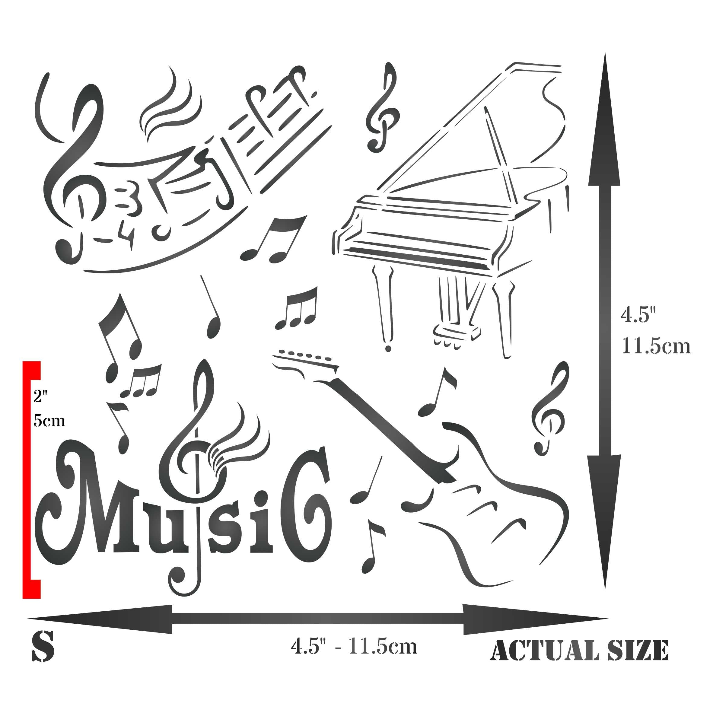 Music Stencil - Mixed Media Piano Guitar Words Musical Notes