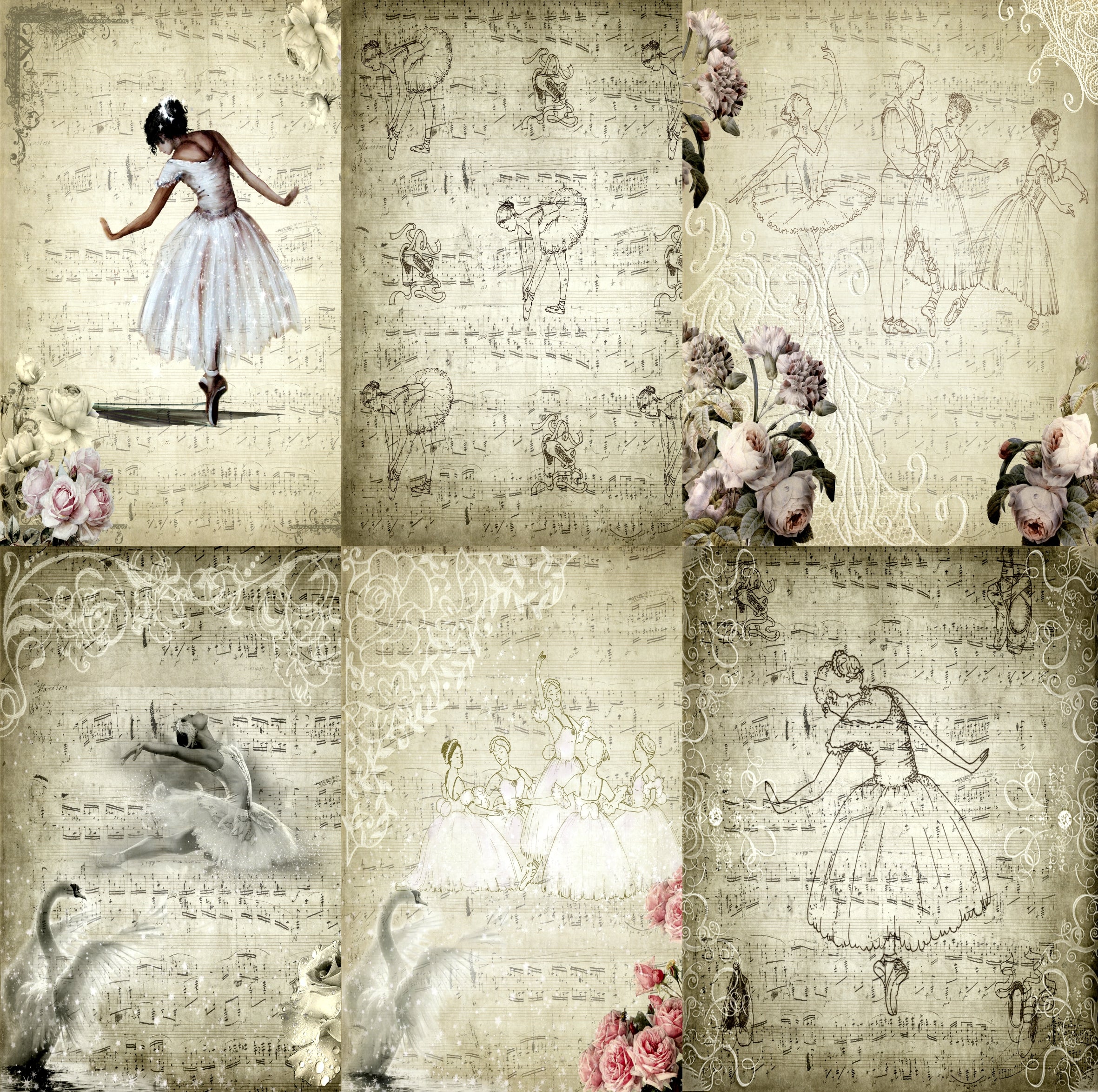 Ballet Background Rice Paper- 7 x Printed Mulberry Paper Images 30gsm