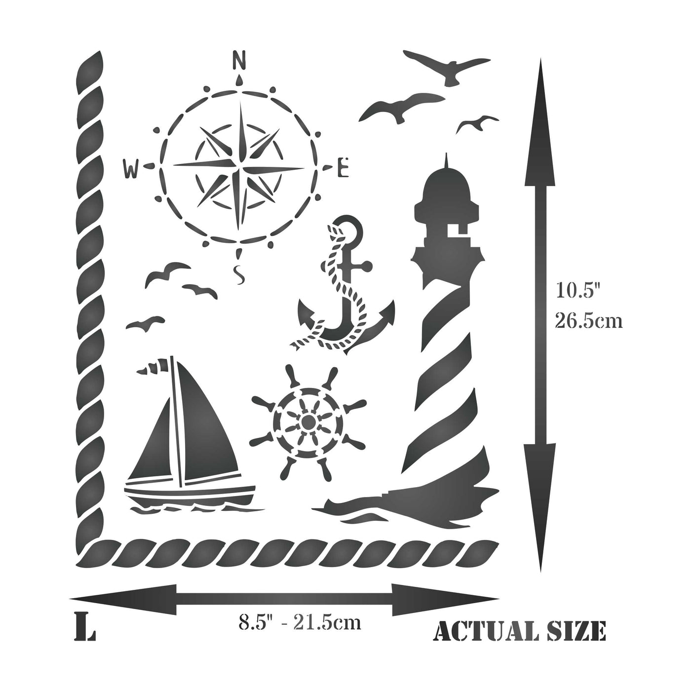 Nautical Stencil - Ocean Birds Lighthouse Compass Ships Wheel Boat Anchor