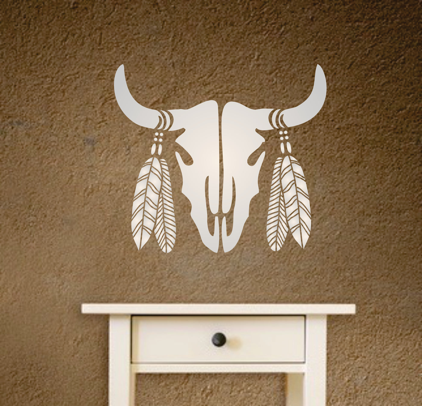 Bull Skull Stencil - Boho Cow Head Feathers