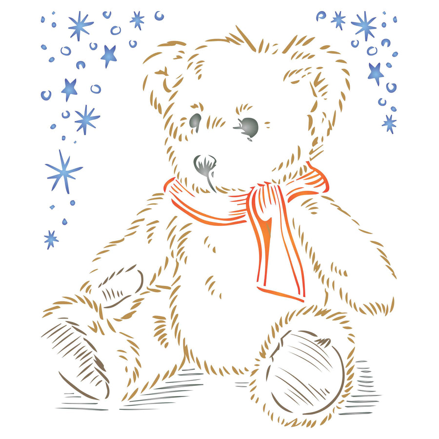 Teddy Bear Stencil - Fluffy Tatty Scruffy Teddy Scarf Stars Kids Childs