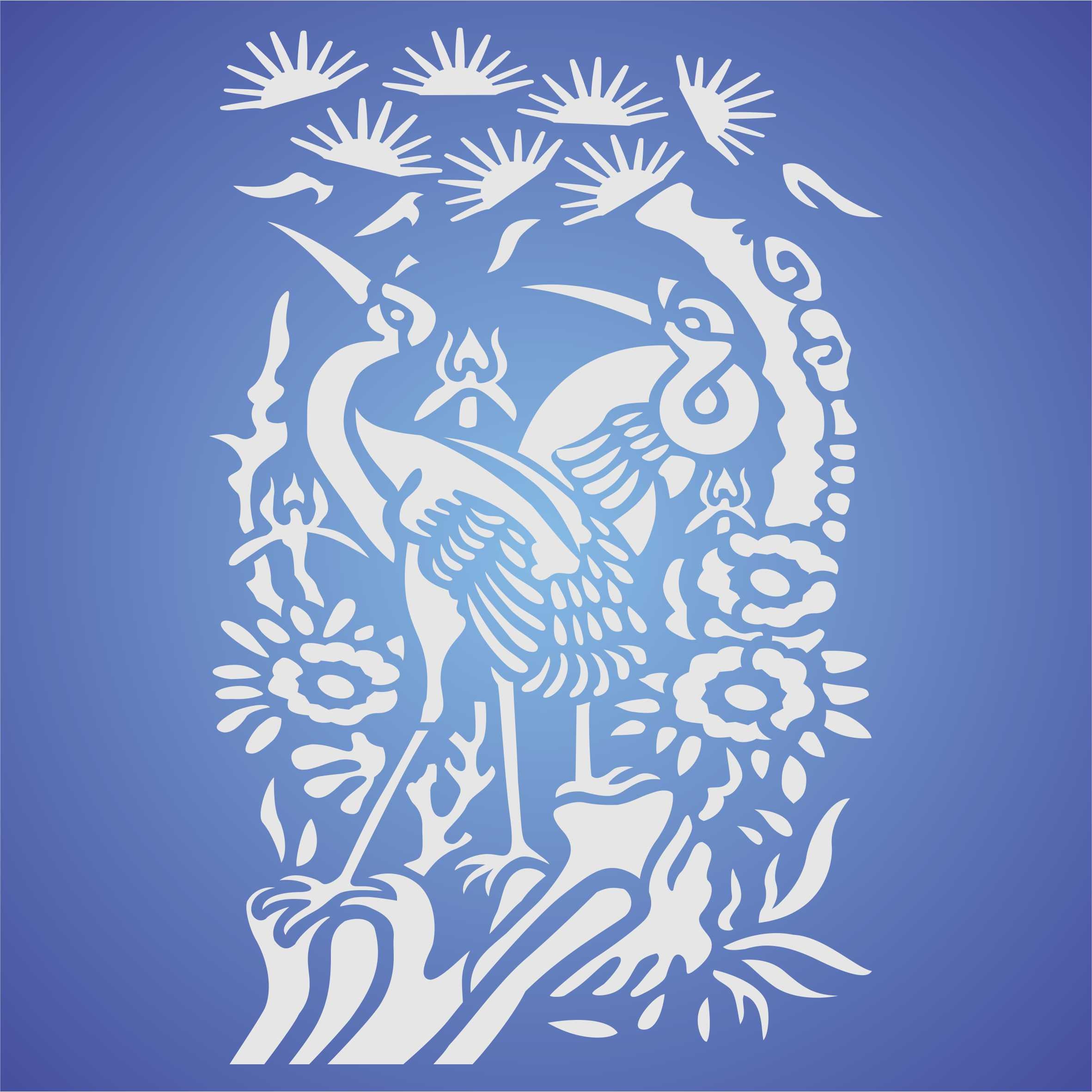 Oriental Herons Stencil - Traditional Asian Chinese Birds with Flowers