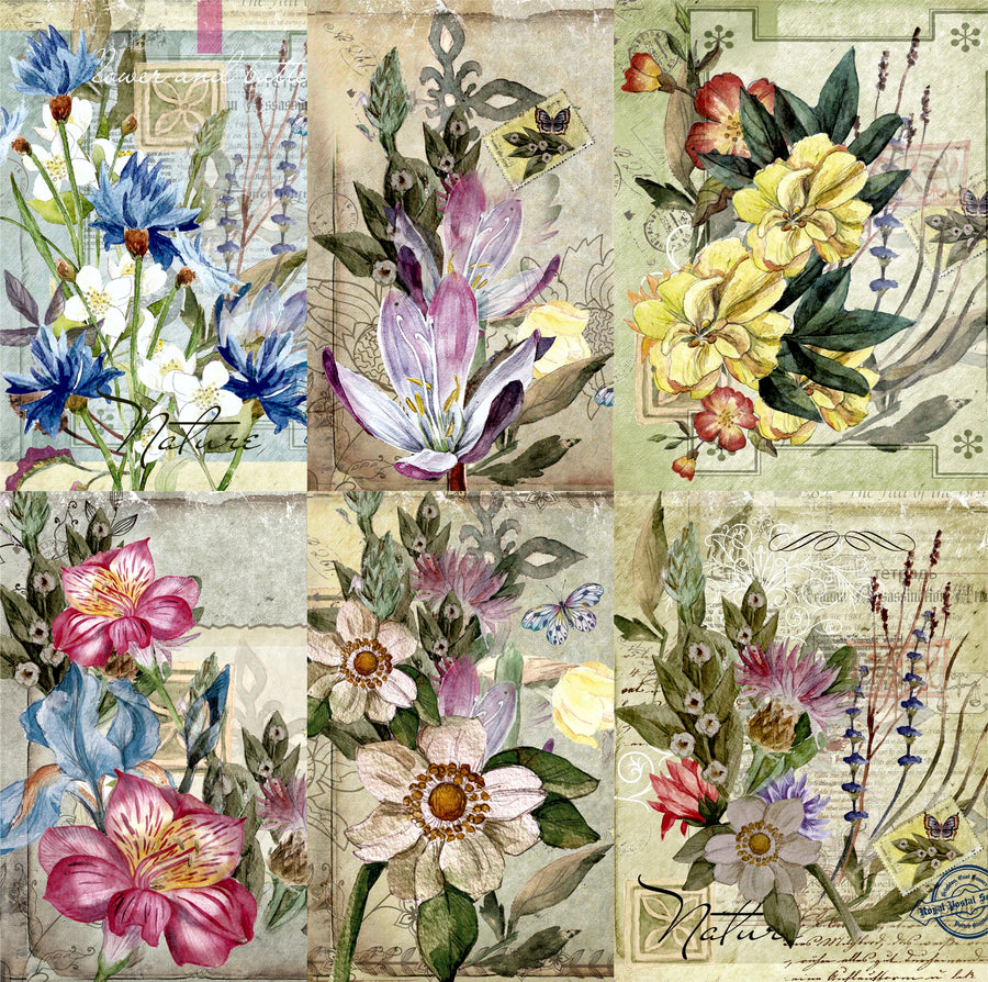 Floral Postcard Rice Paper- 6 x Different Printed Mulberry Paper Images 30gsm