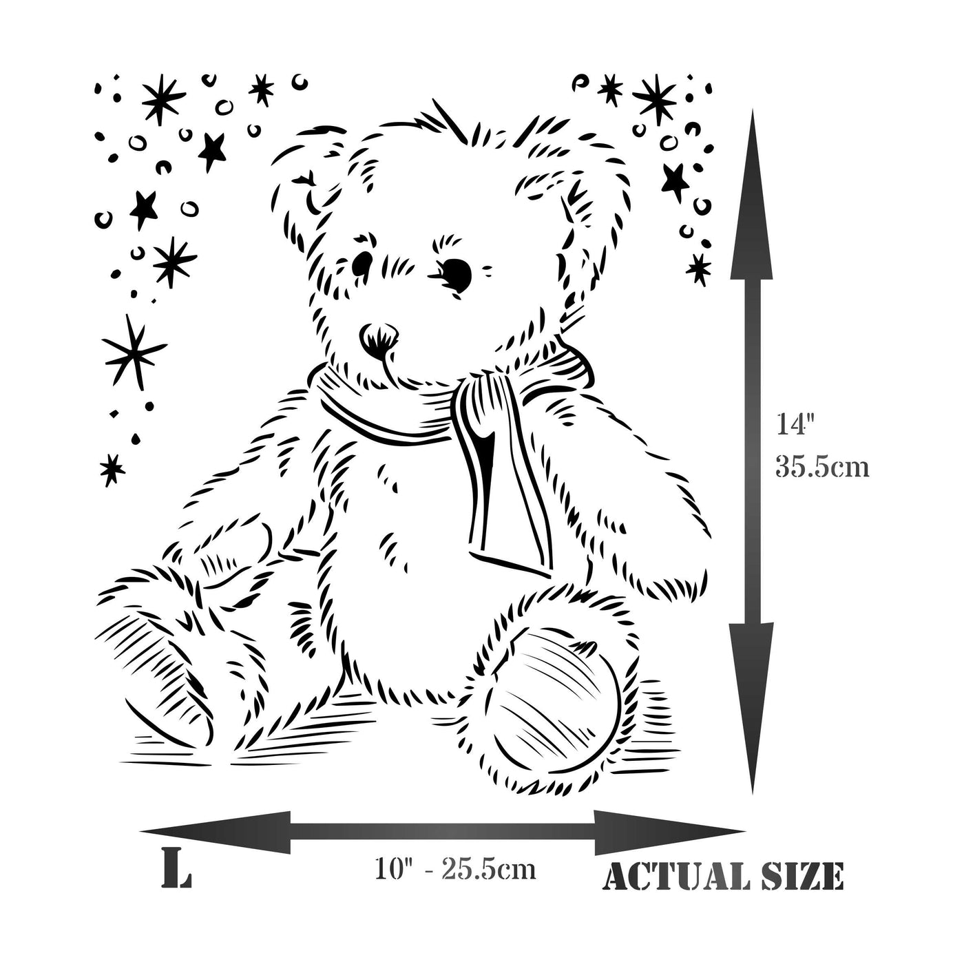 Teddy Bear Stencil - Fluffy Tatty Scruffy Teddy Scarf Stars Kids Childs