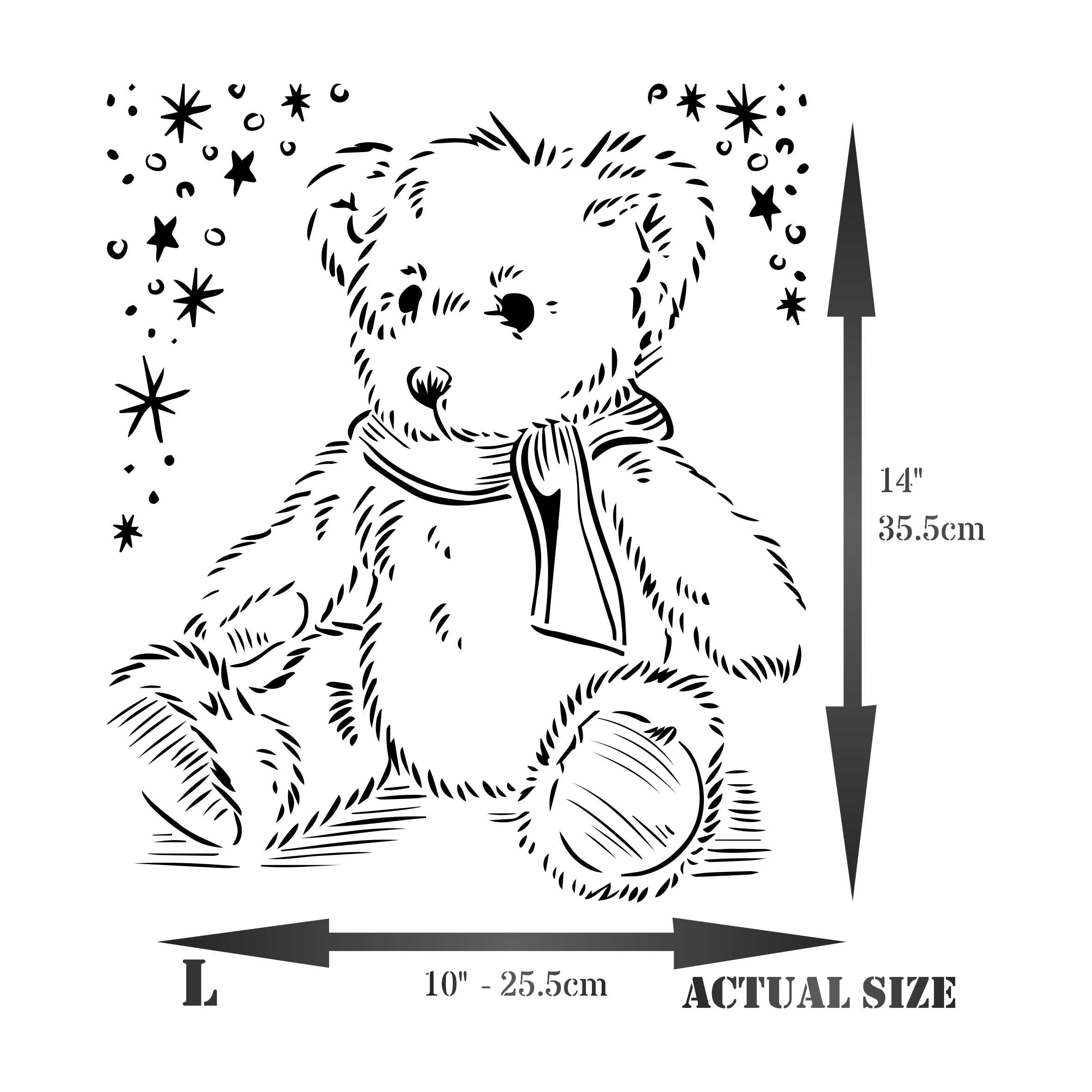 Teddy Bear Stencil - Fluffy Tatty Scruffy Teddy Scarf Stars Kids Childs