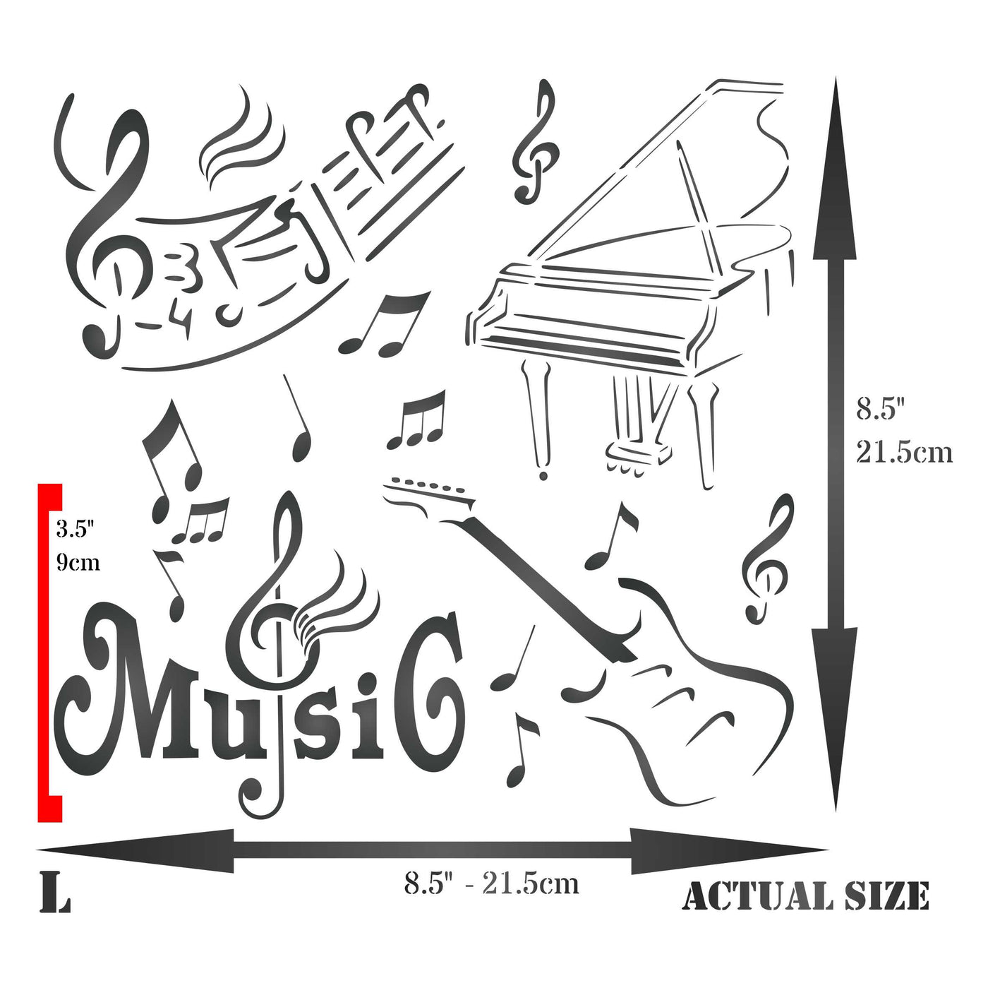 Music Stencil - Mixed Media Piano Guitar Words Musical Notes