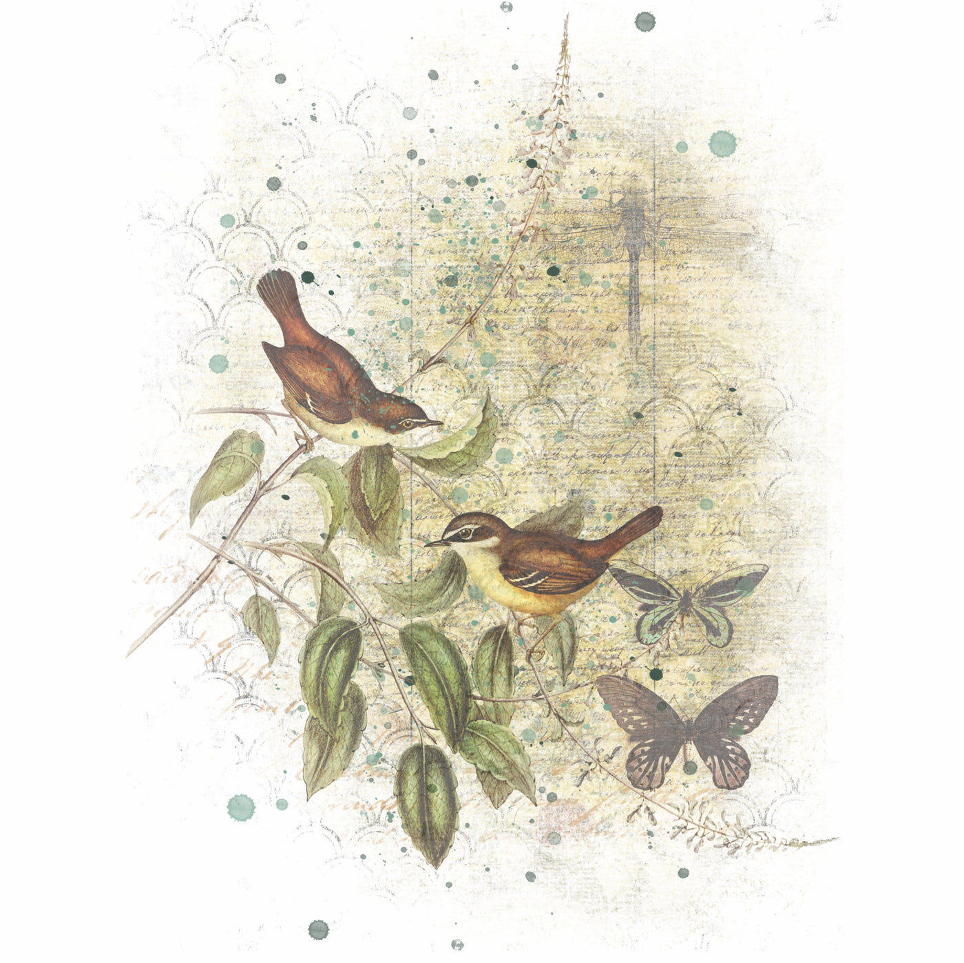 Birds in Branches Overlay Rice Paper- 6 Printed Mulberry Paper Images 30gsm