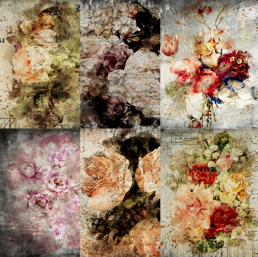 Distressed Bouquet Rice Paper- 6 x Printed Mulberry Paper Images 30gsm