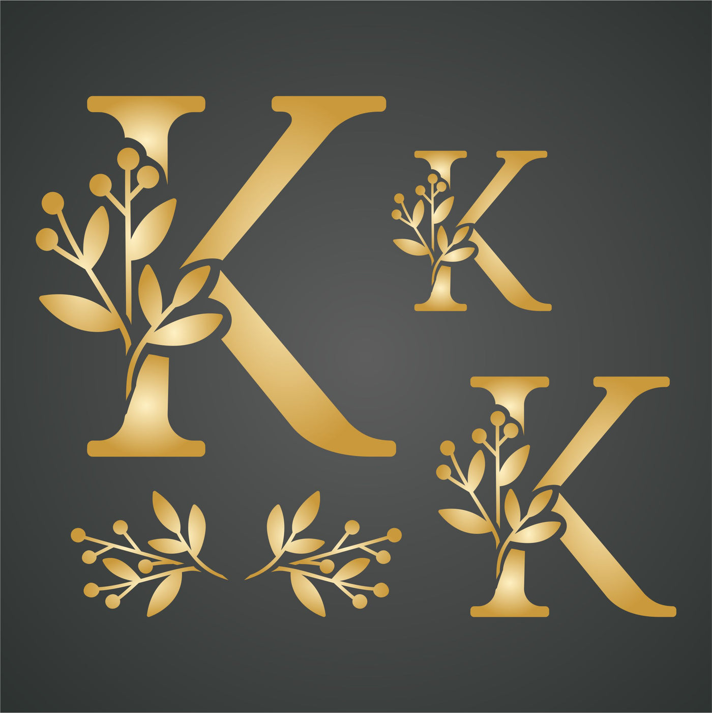 Flower Monogram K Stencil- Leaf Flower Initial 3 Sizes on One Sheet