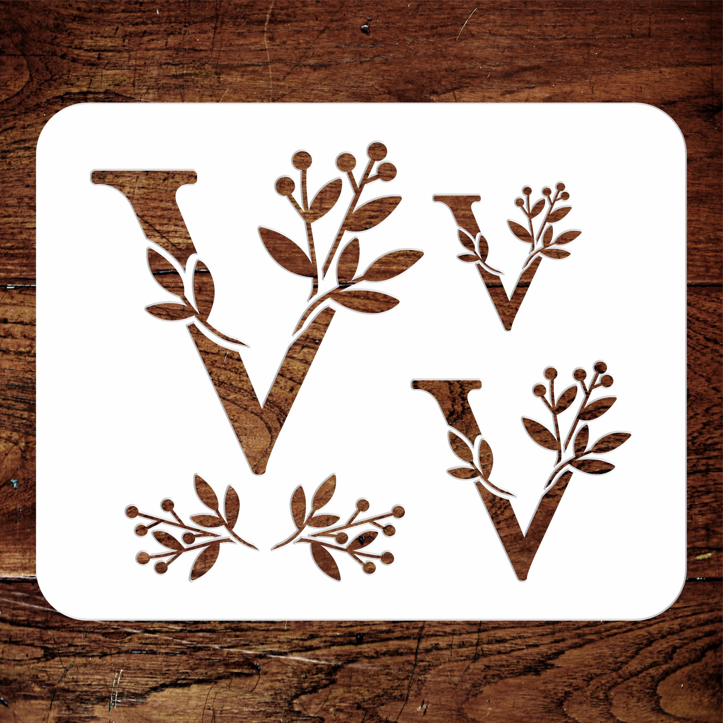 Flower Monogram V Stencil- Leaf Flower Initial 3 Sizes on One Sheet