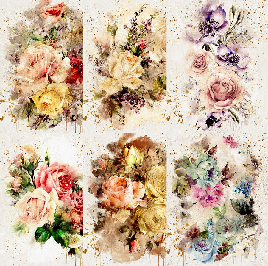 Bouquet Rice Paper- 6 x Different Printed Mulberry Paper Images 30gsm