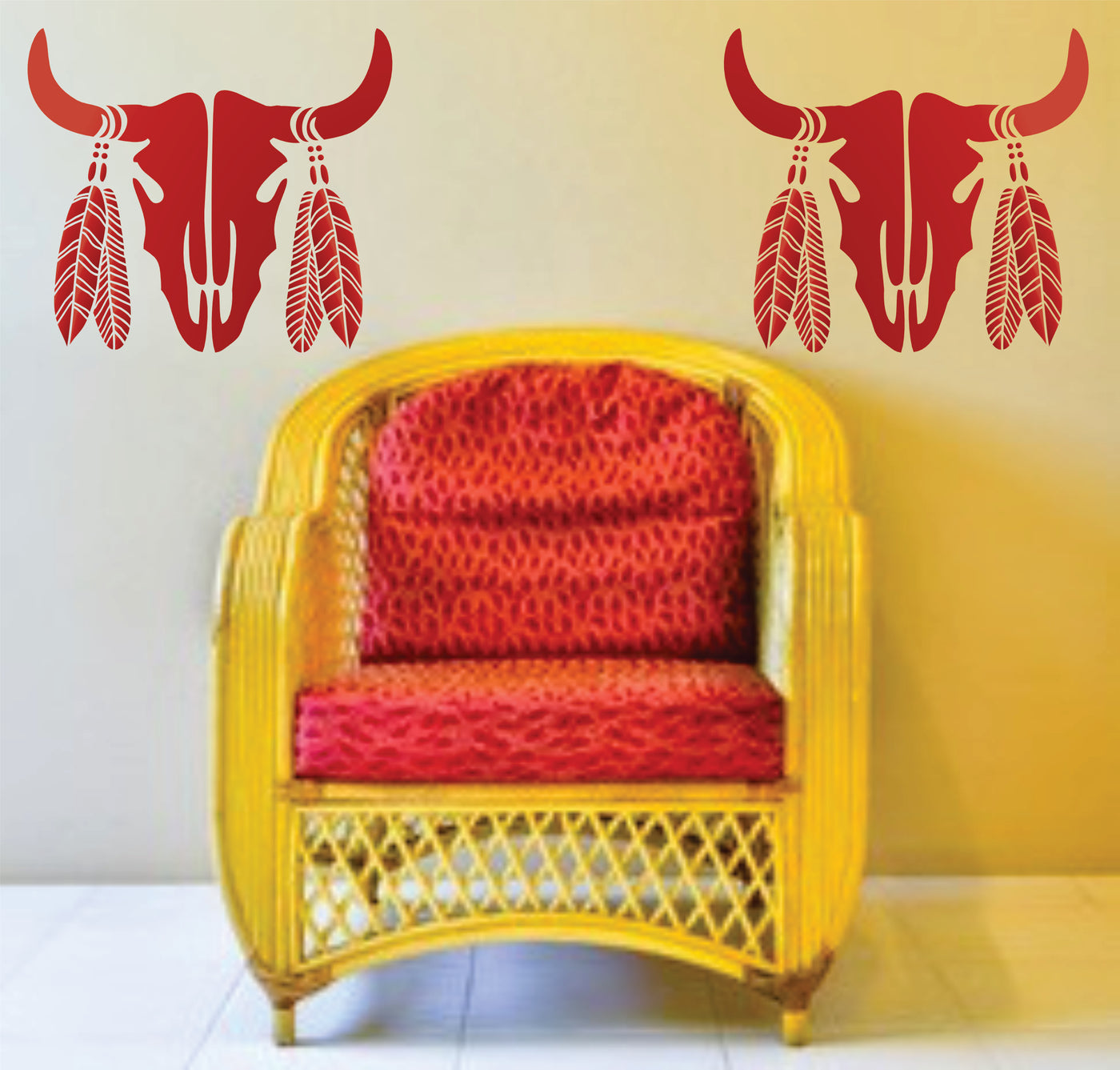 Bull Skull Stencil - Boho Cow Head Feathers