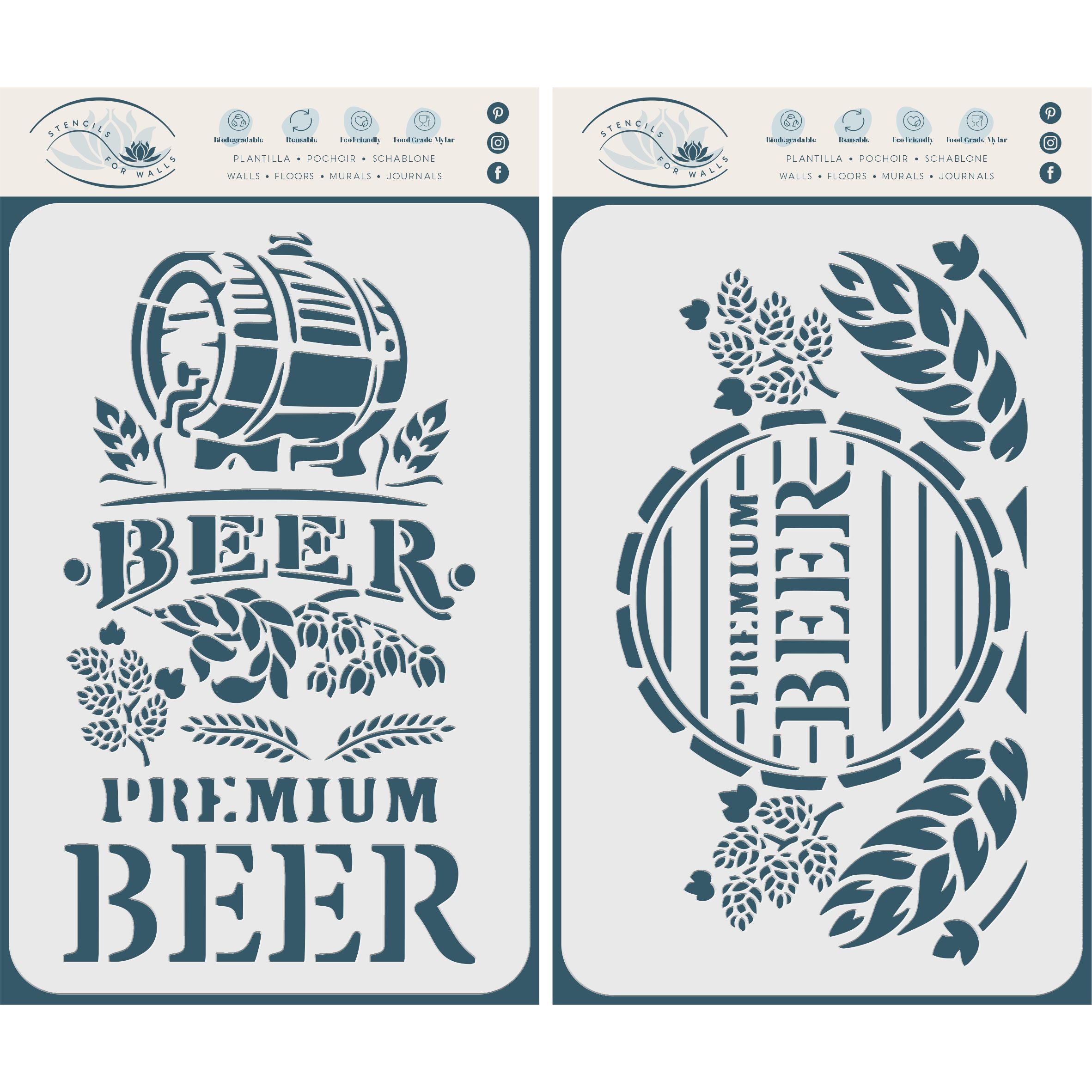 Beer Stencil (2pc) - Sign Pub Bar Beer Barrel Words Hops Grain