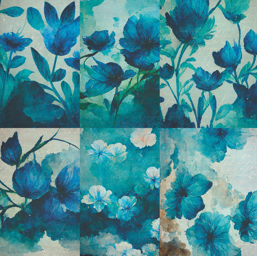 Blue Flower Rice Paper- 6 x Different Printed Mulberry Paper Images 30gsm