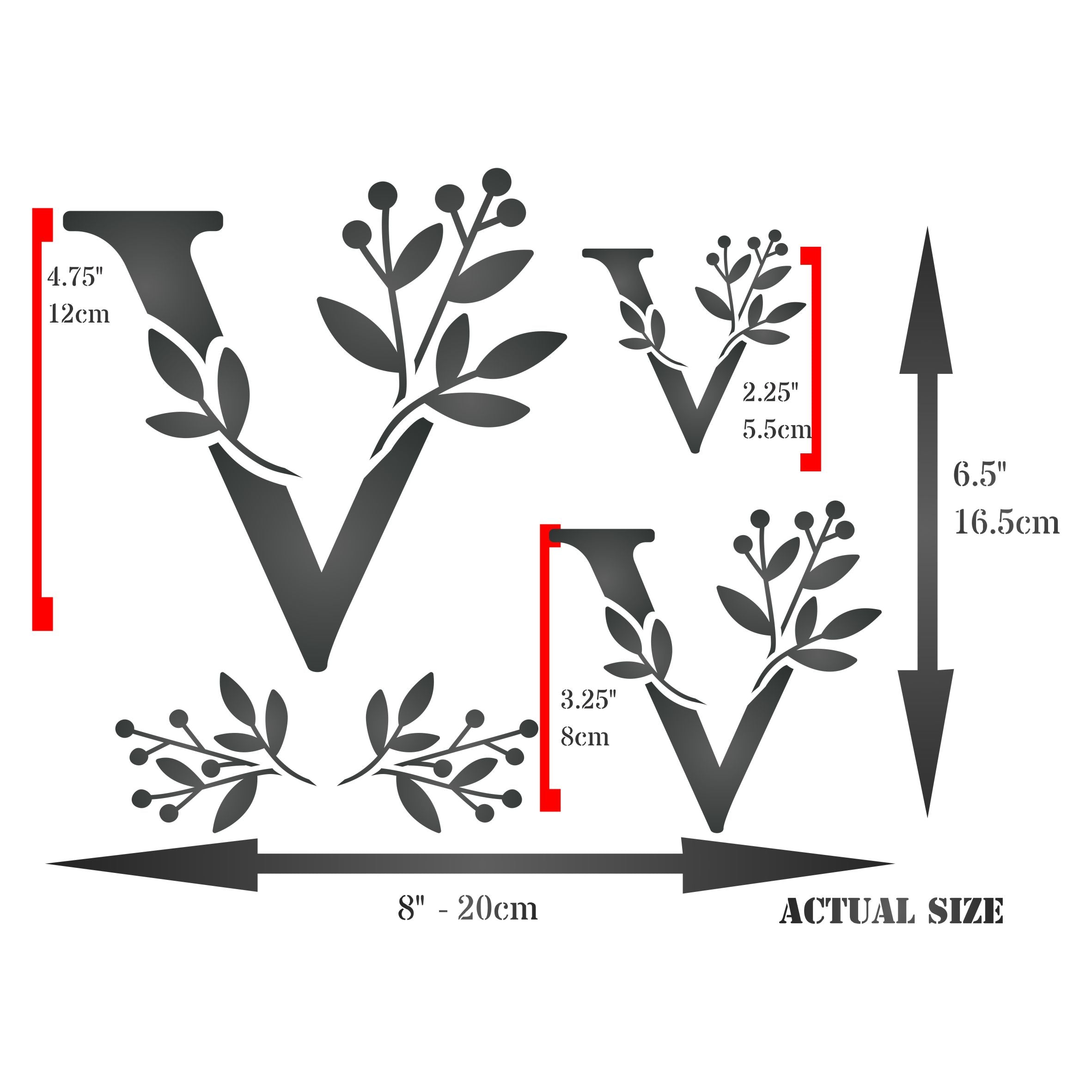 Flower Monogram V Stencil- Leaf Flower Initial 3 Sizes on One Sheet