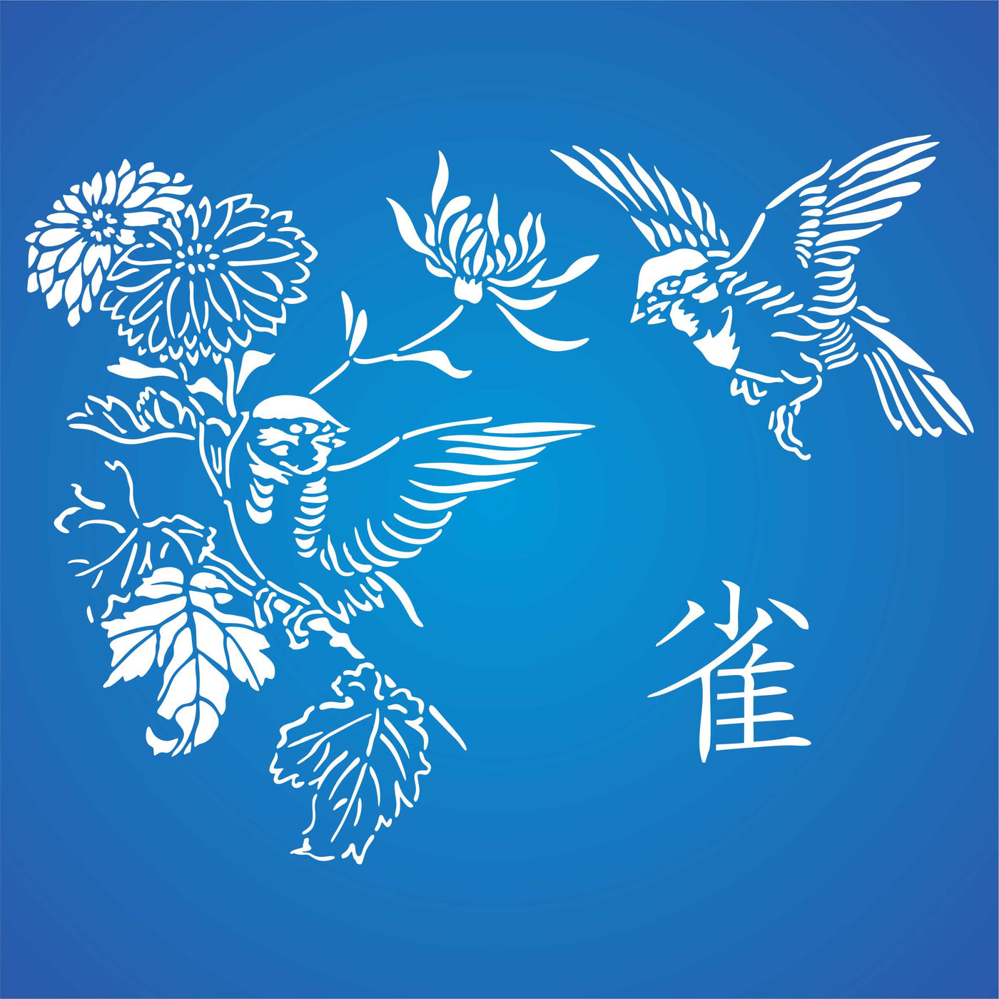 Squabbling Sparrows Stencil- Asian Oriental Flowers Birds Animal