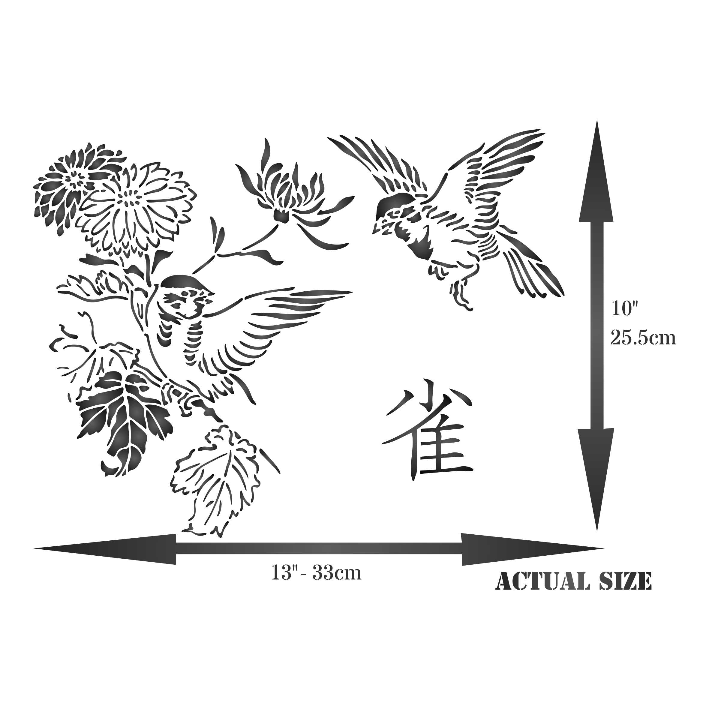 Squabbling Sparrows Stencil- Asian Oriental Flowers Birds Animal