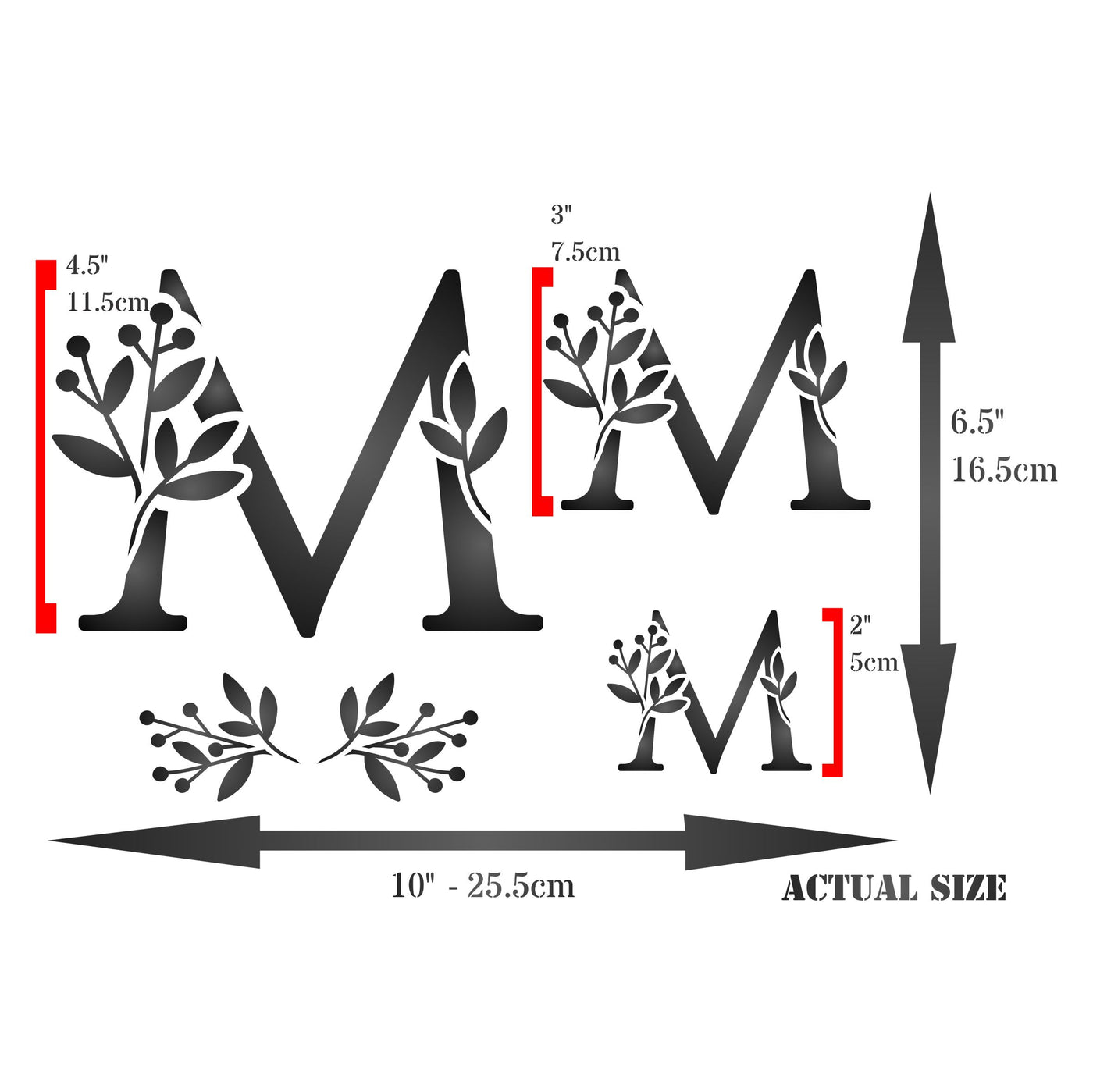 Flower Monogram M Stencil- Leaf Flower Initial 3 Sizes on One Sheet