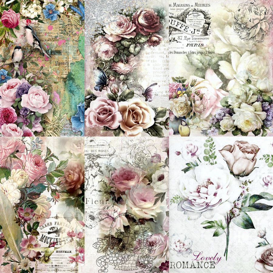 Rose Theme Rice Paper- 6 x Different Printed Mulberry Paper Images 30gsm