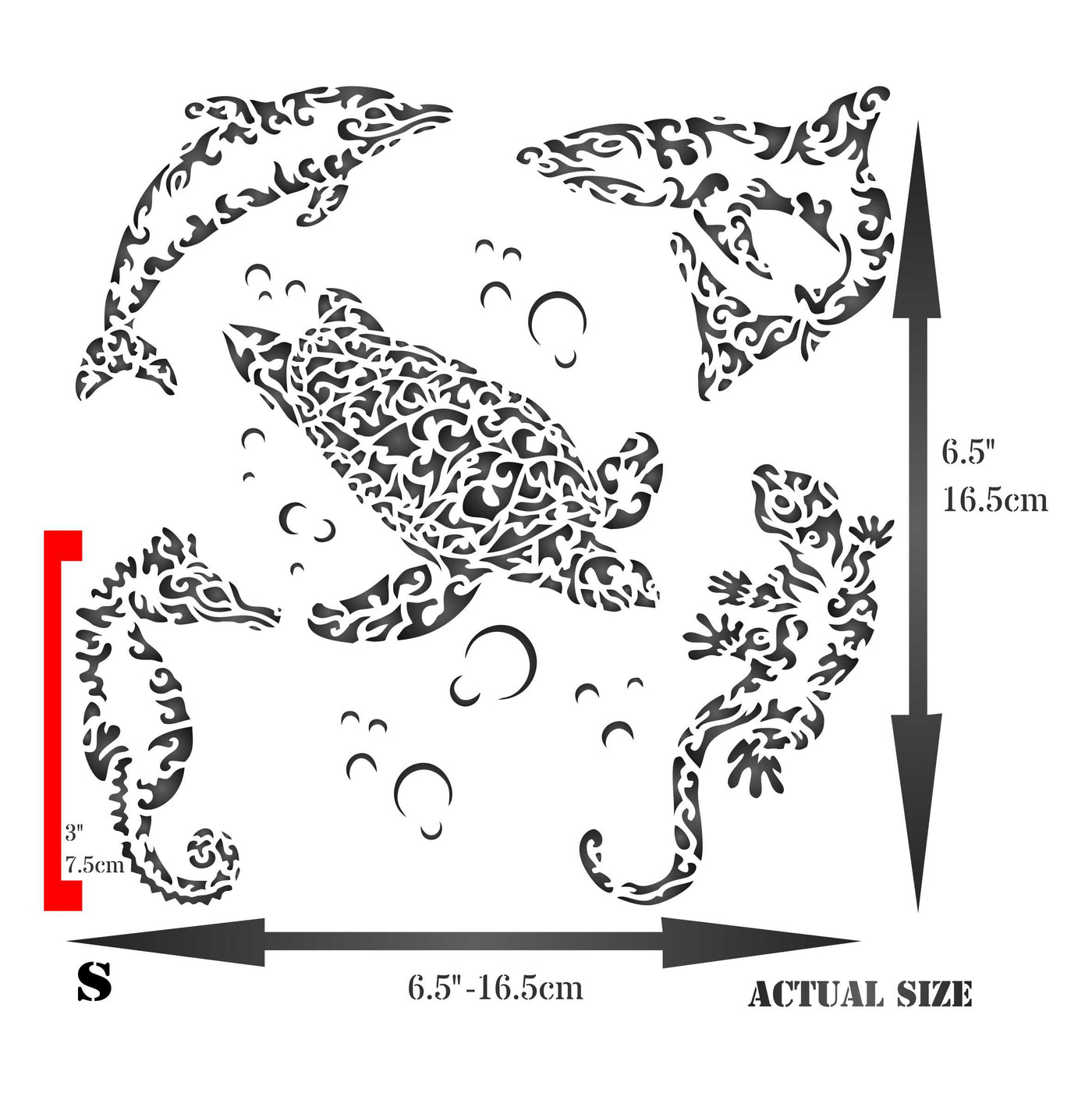 Sea Creatures Stencil - Tribal Fish Lizard Gekko Dolphin Shark Seahorse Turtle