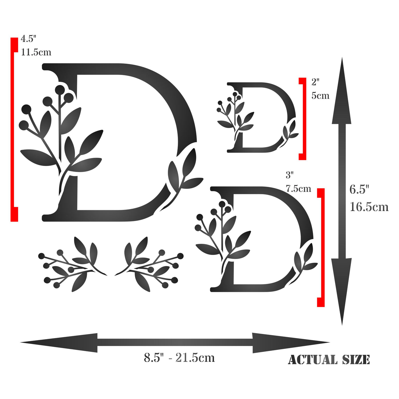 Flower Monogram D Stencil- Leaf Flower Initial 3 Sizes on One Sheet