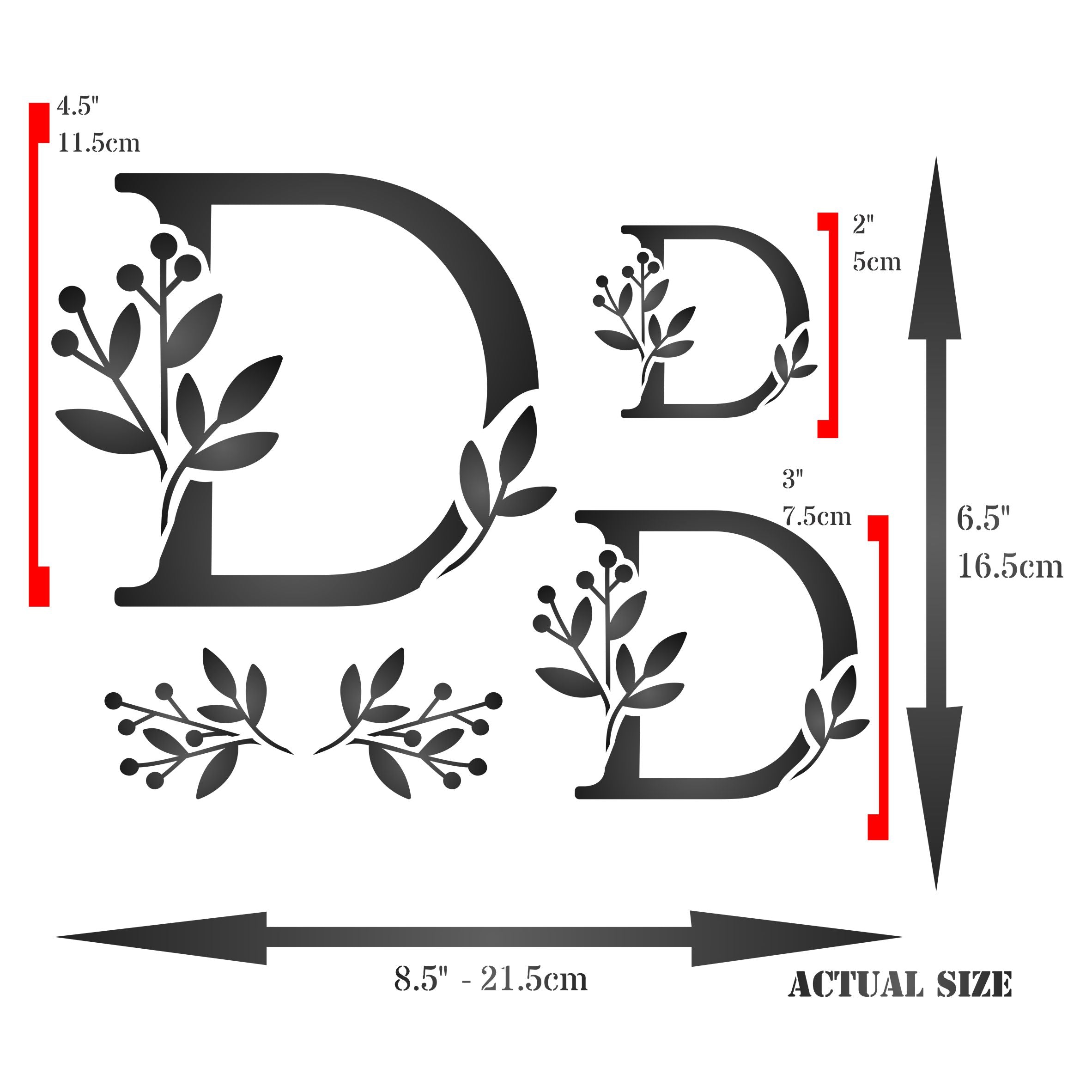 Flower Monogram D Stencil- Leaf Flower Initial 3 Sizes on One Sheet