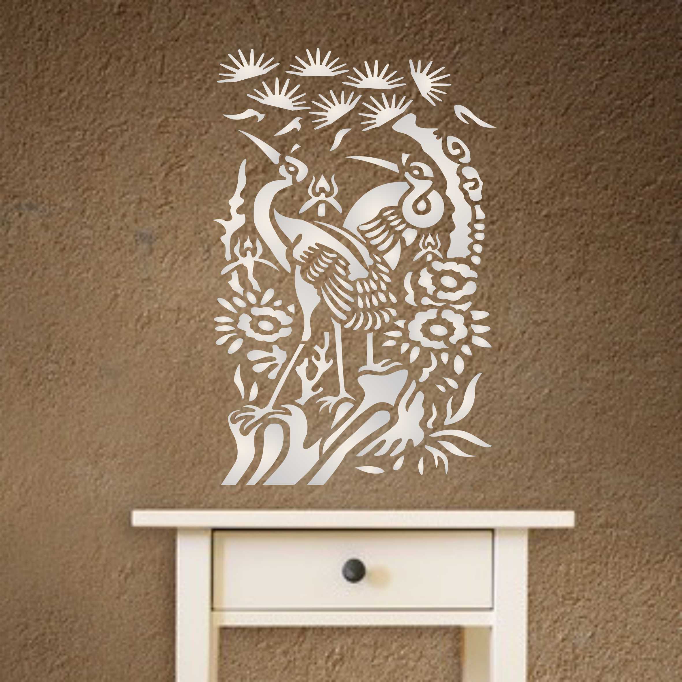 Oriental Herons Stencil - Traditional Asian Chinese Birds with Flowers