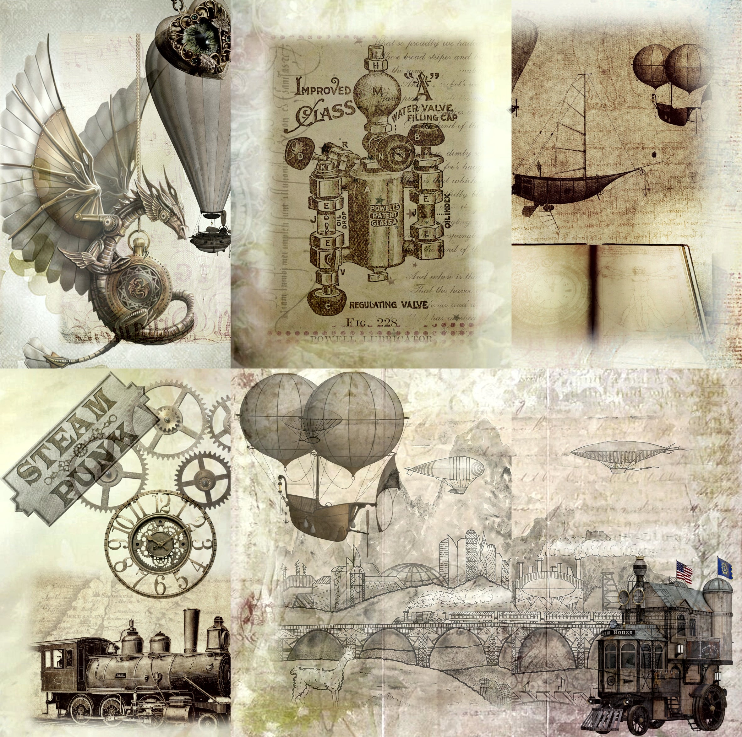 Light Steampunk Rice Paper- 6 x Different Printed Mulberry Paper Images 30gsm