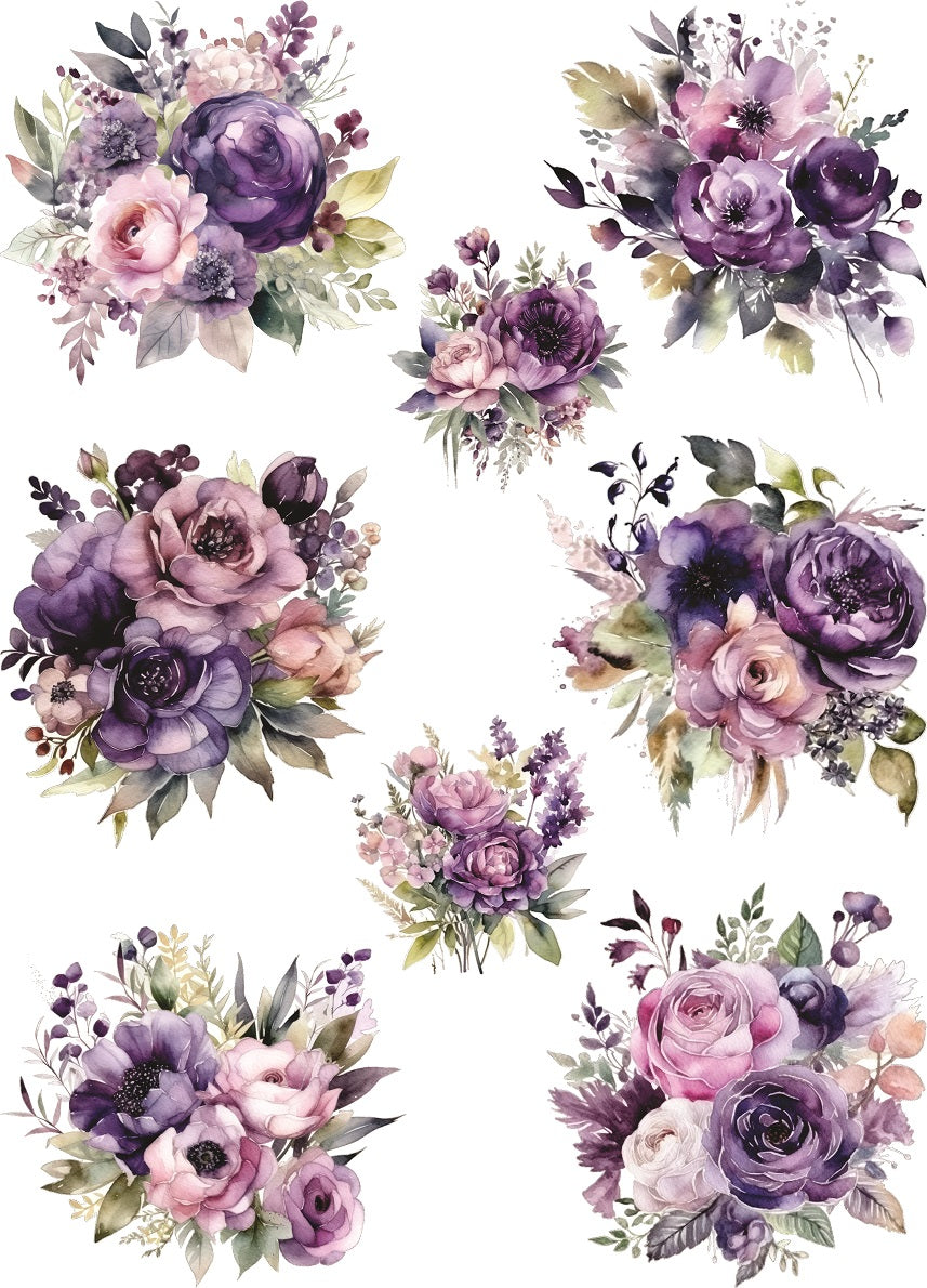 Purple Bouquet Rice Paper- 8 Unique Bouquet Images Printed on 36gsm