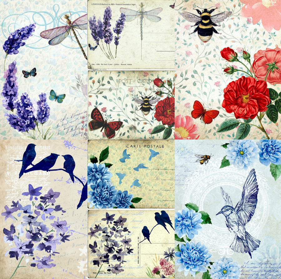 Bees & Birds Rice Paper- 6 x Different Printed Mulberry Paper Images 30gsm