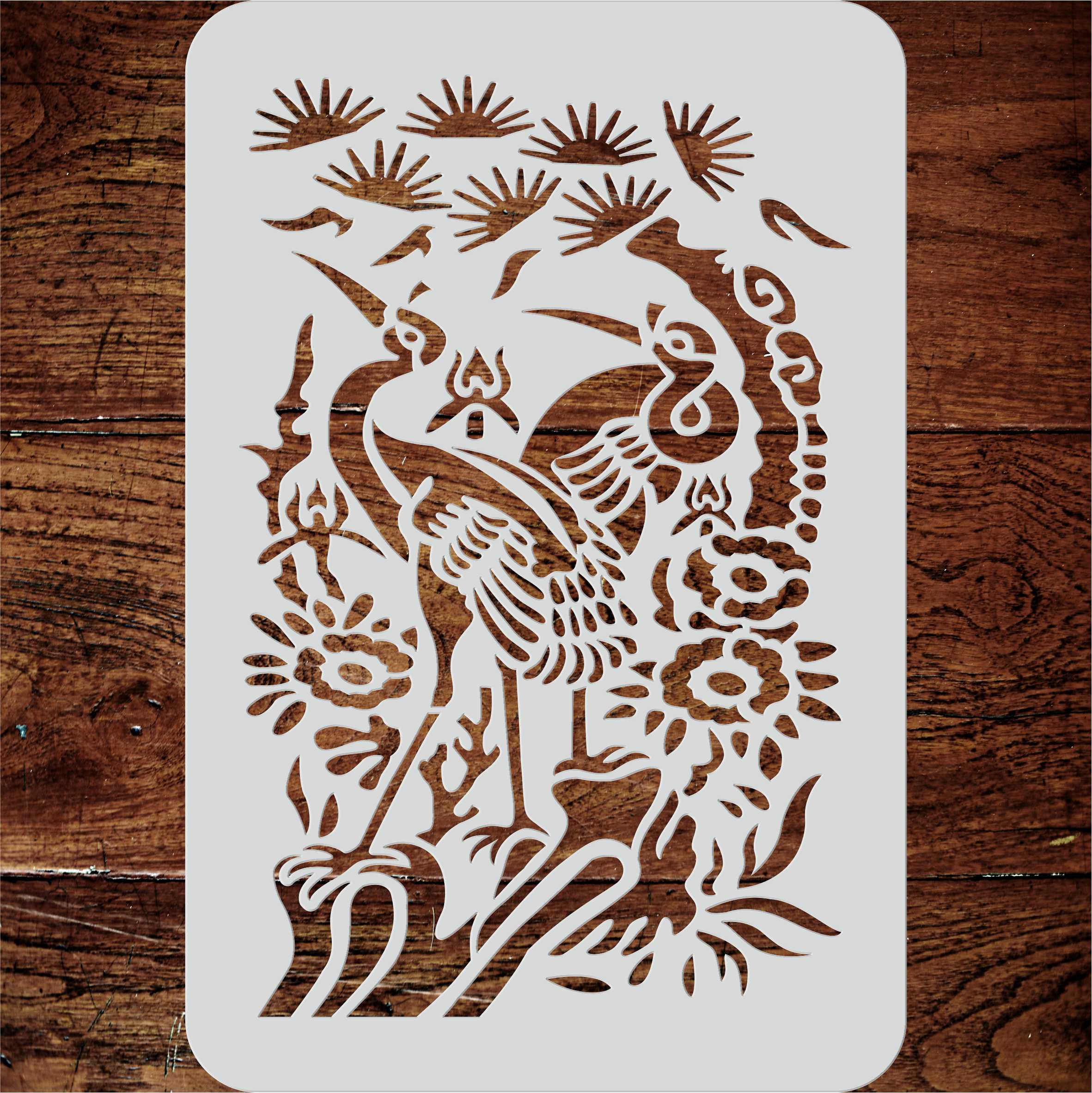 Oriental Herons Stencil - Traditional Asian Chinese Birds with Flowers