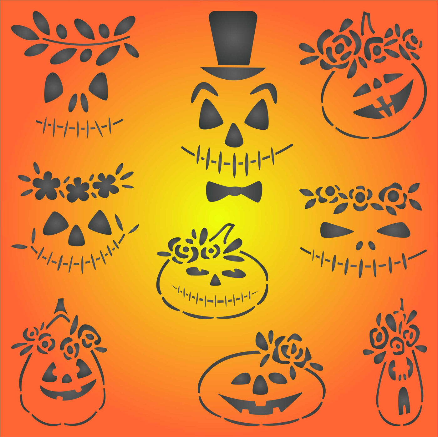 Pumpkin Faces Stencil - Halloween Pumpkin Face Flowers for Journals
